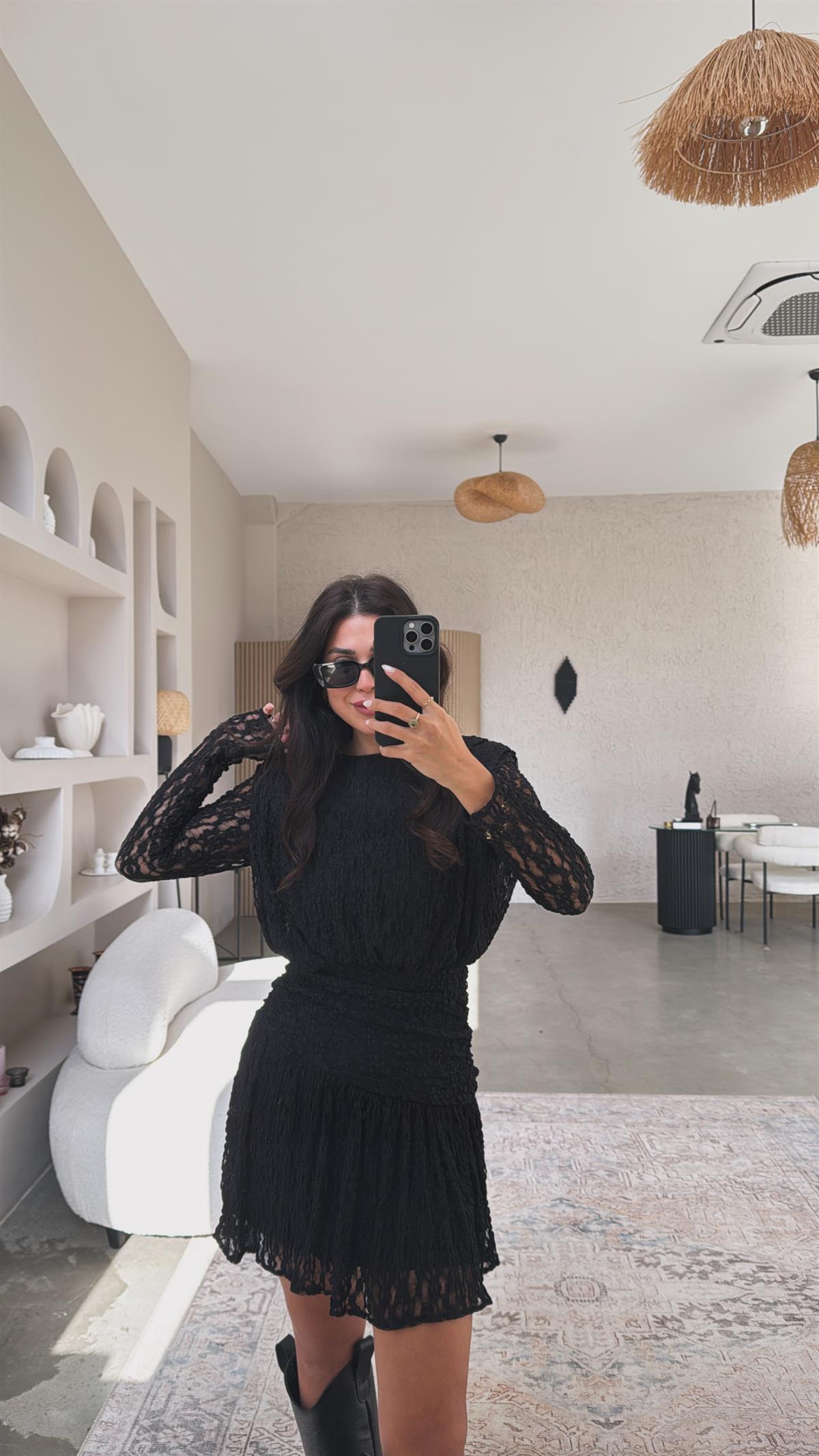 Siyah Drape Detaylı Dantel Elbise