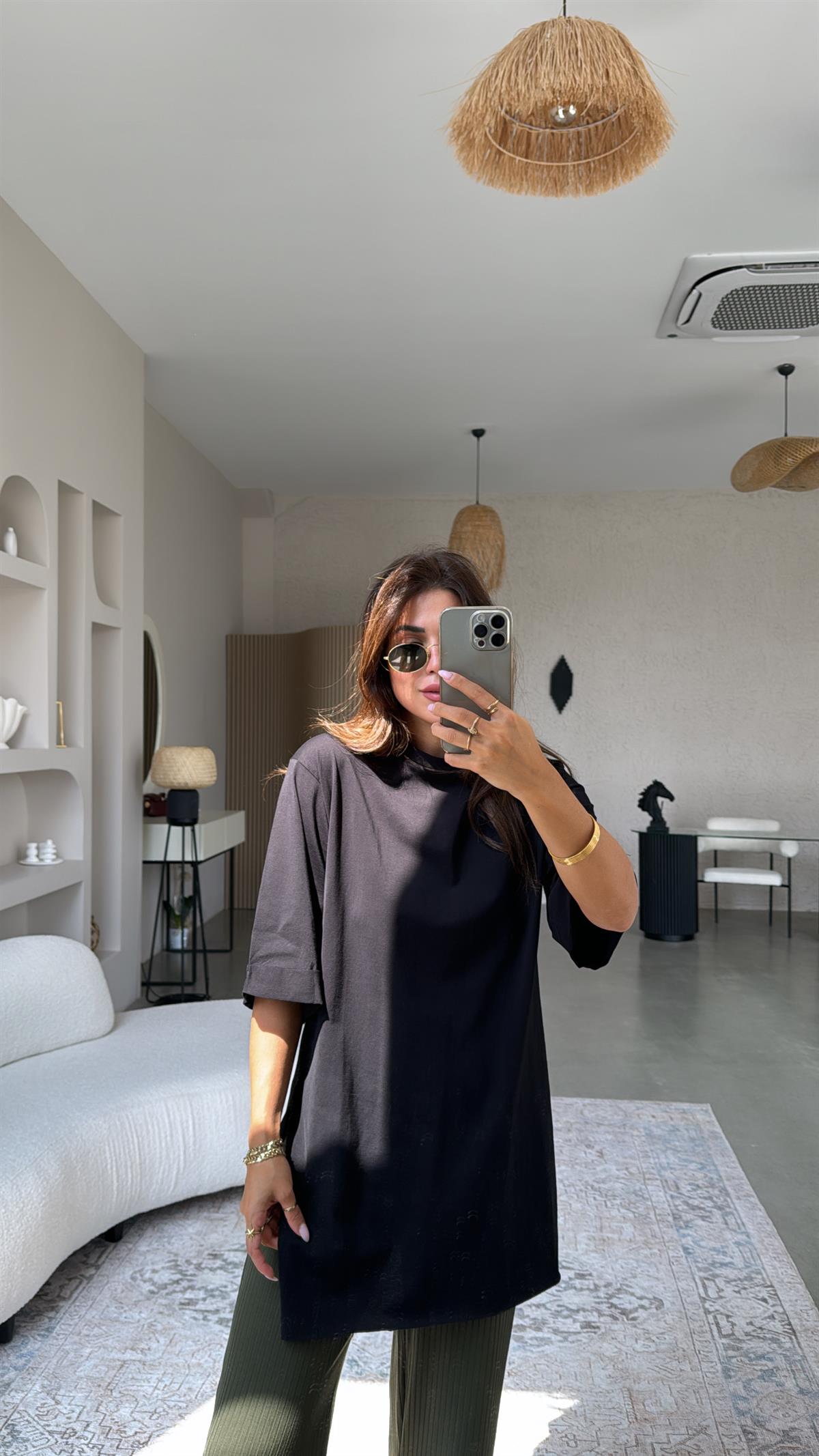 Siyah Duble Kol Yırtmaçlı Tshirt Tunik