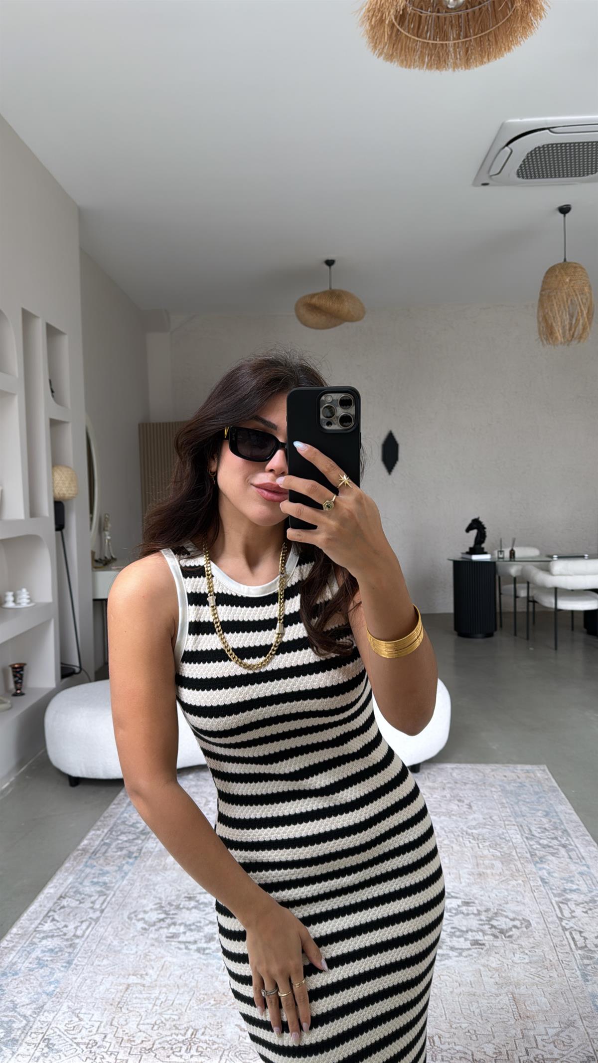 Siyah Ekru Çizgili Rachel Kalem Elbise