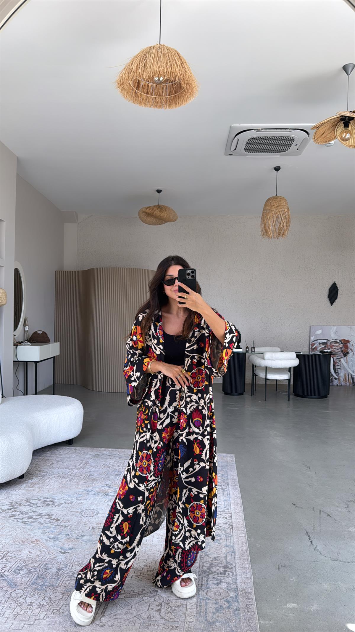 Siyah Etnik Desenli Kimono Pantolon Takım