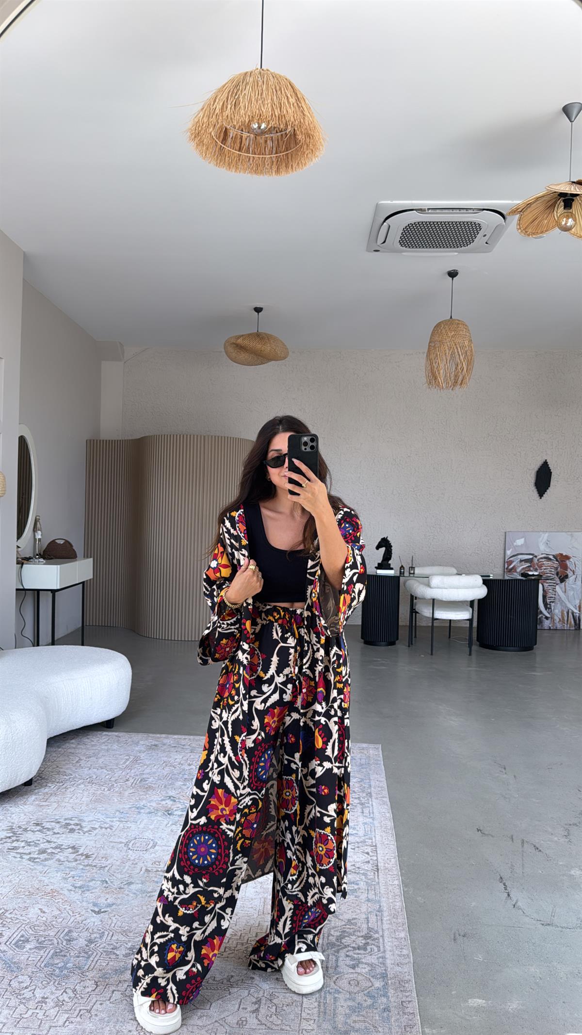 Siyah Etnik Desenli Kimono Pantolon Takım