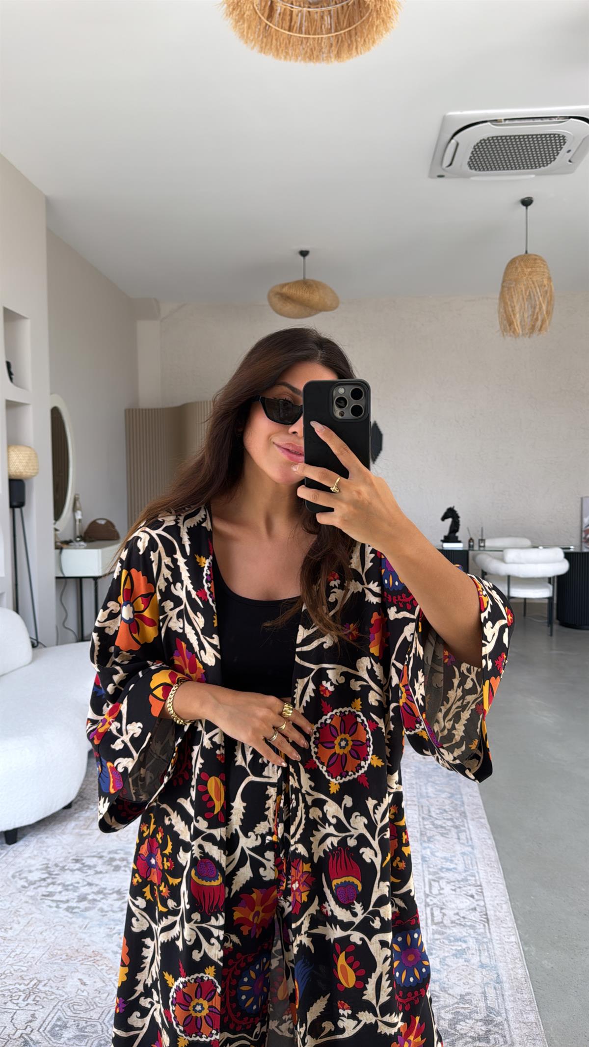 Siyah Etnik Desenli Kimono Pantolon Takım