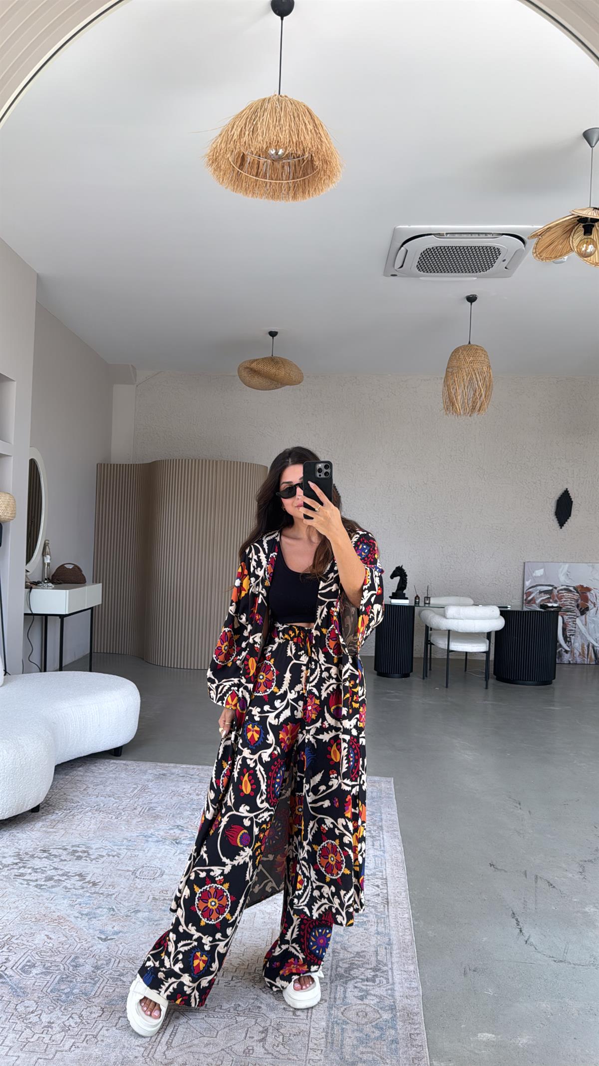 Siyah Etnik Desenli Kimono Pantolon Takım