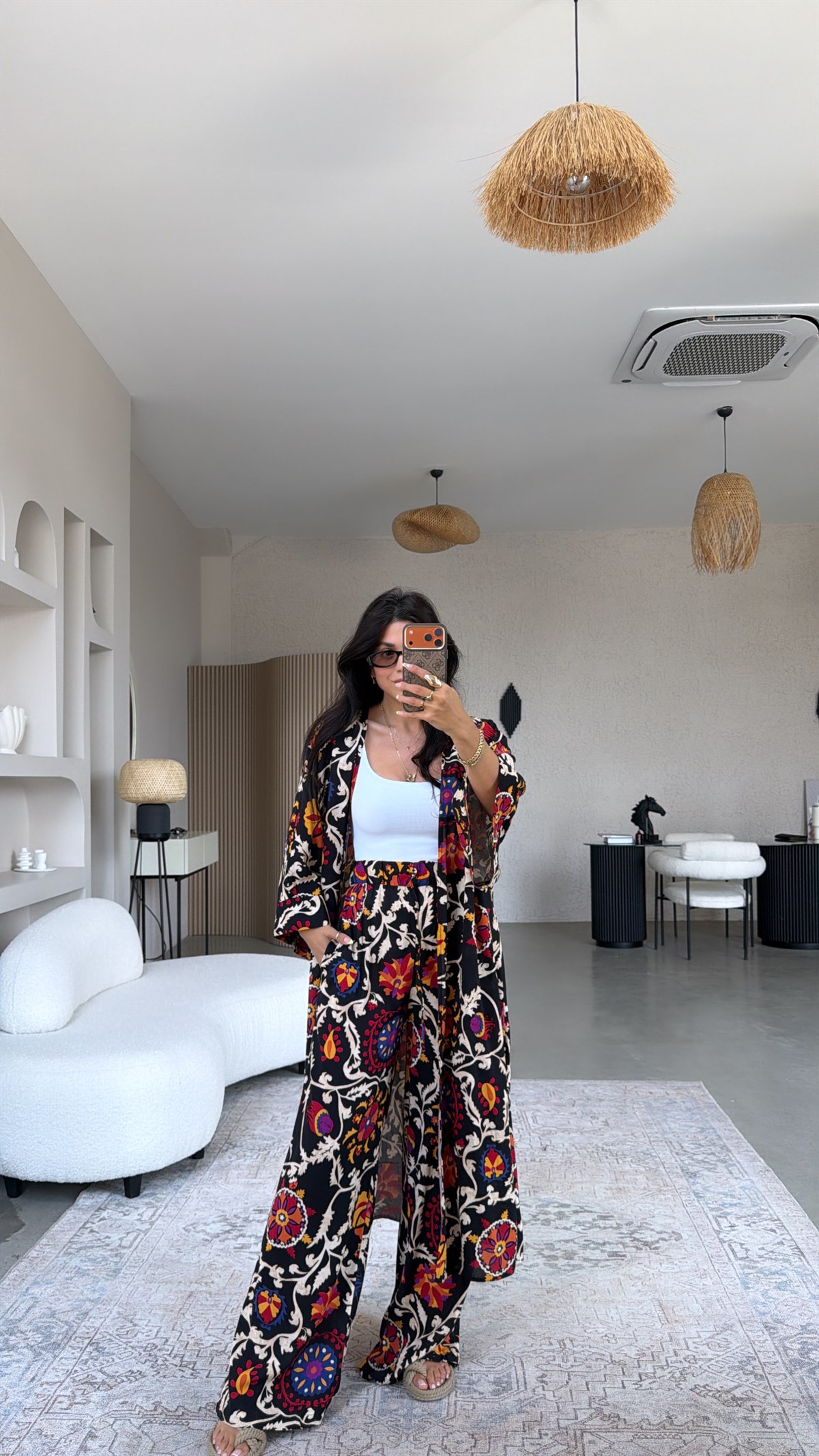 Siyah Etnik Desenli Viskon Kimono Pantolon