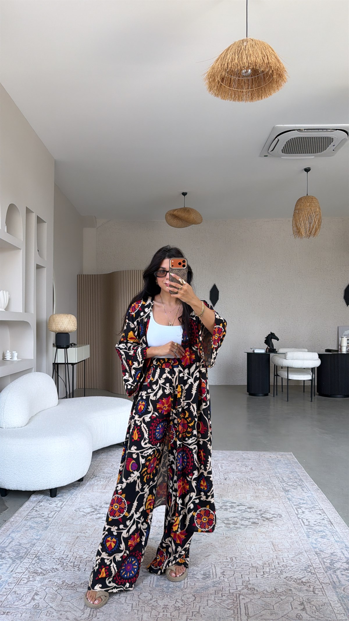 Siyah Etnik Desenli Viskon Kimono Pantolon