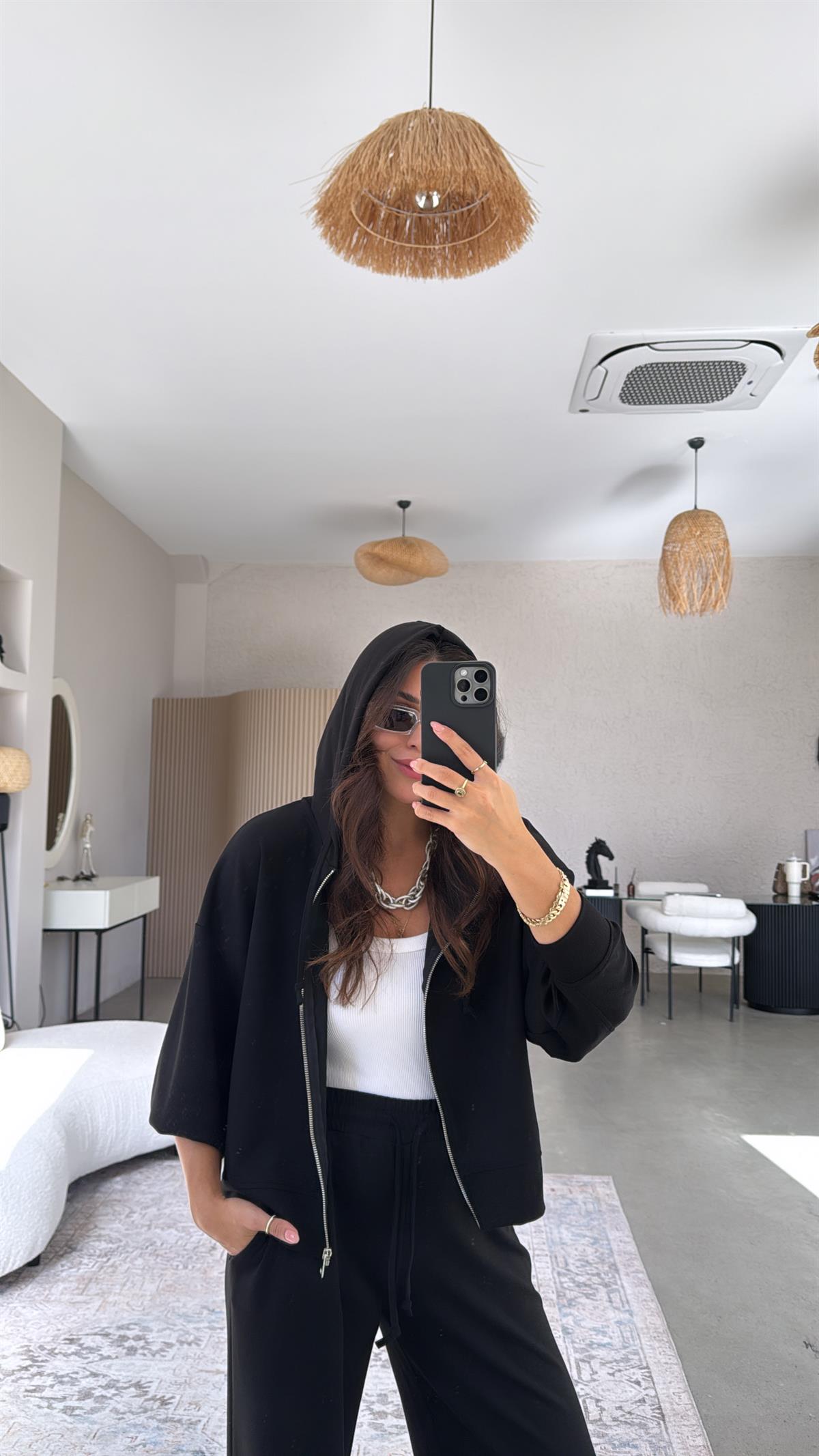 Siyah Fermuarlı Ceketli Modal Eşofman Takım