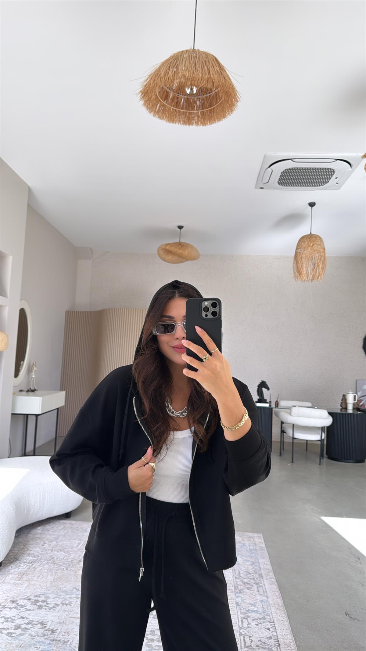 Siyah Fermuarlı Ceketli Modal Eşofman Takım