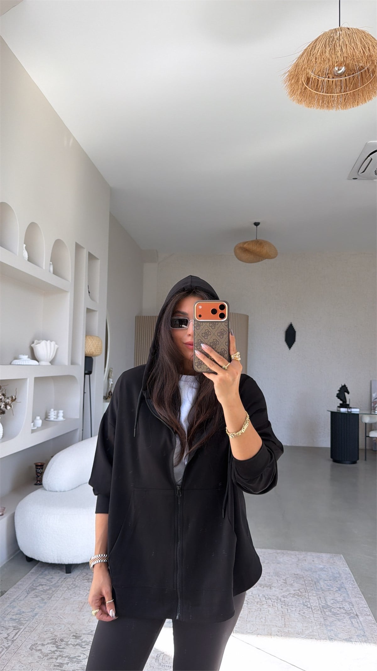 Siyah Fermuarlı Cepli Modal Hoodie