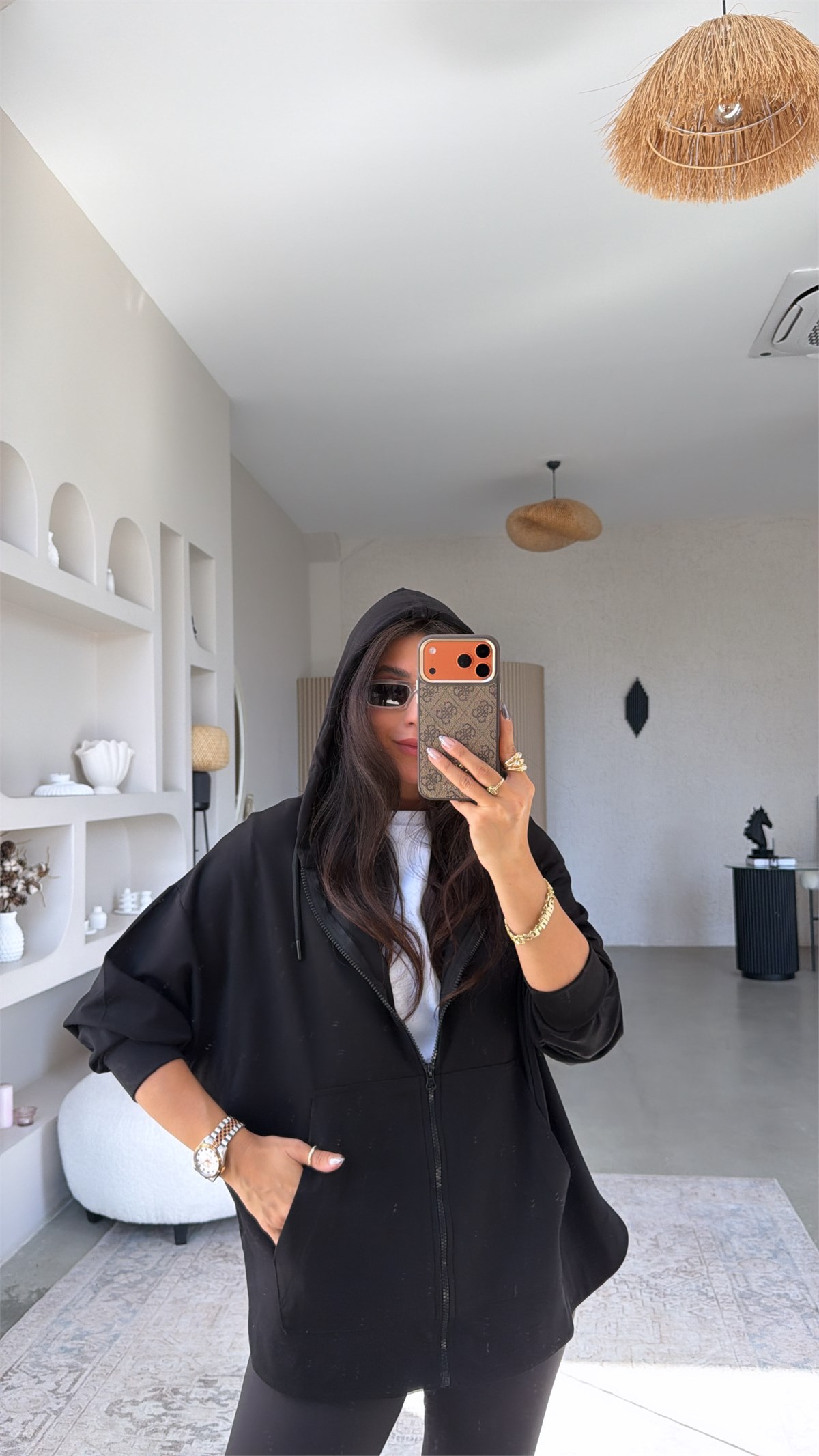 Siyah Fermuarlı Cepli Modal Hoodie