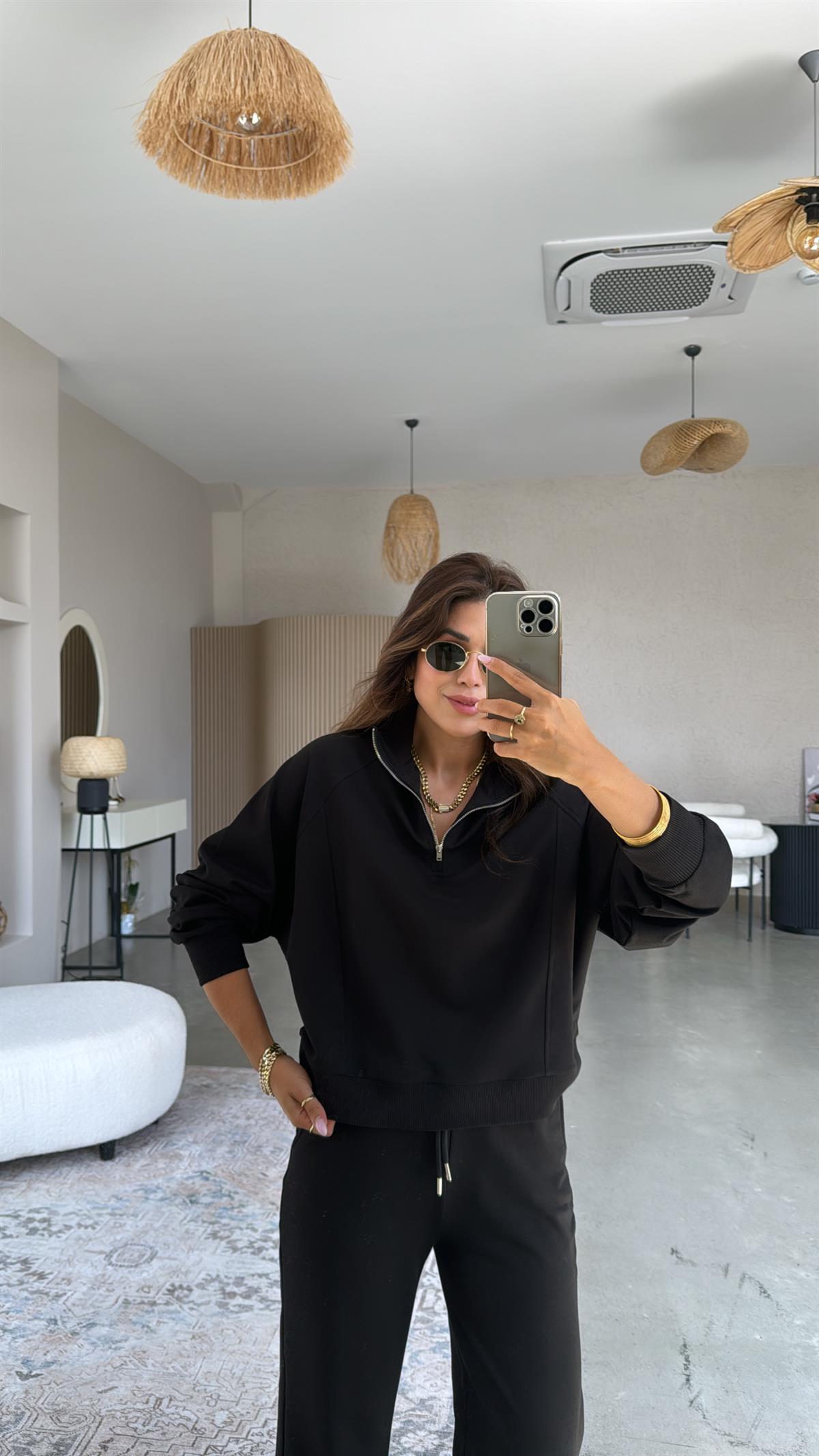 Siyah Fermuarlı İki İplik Sweatshirt