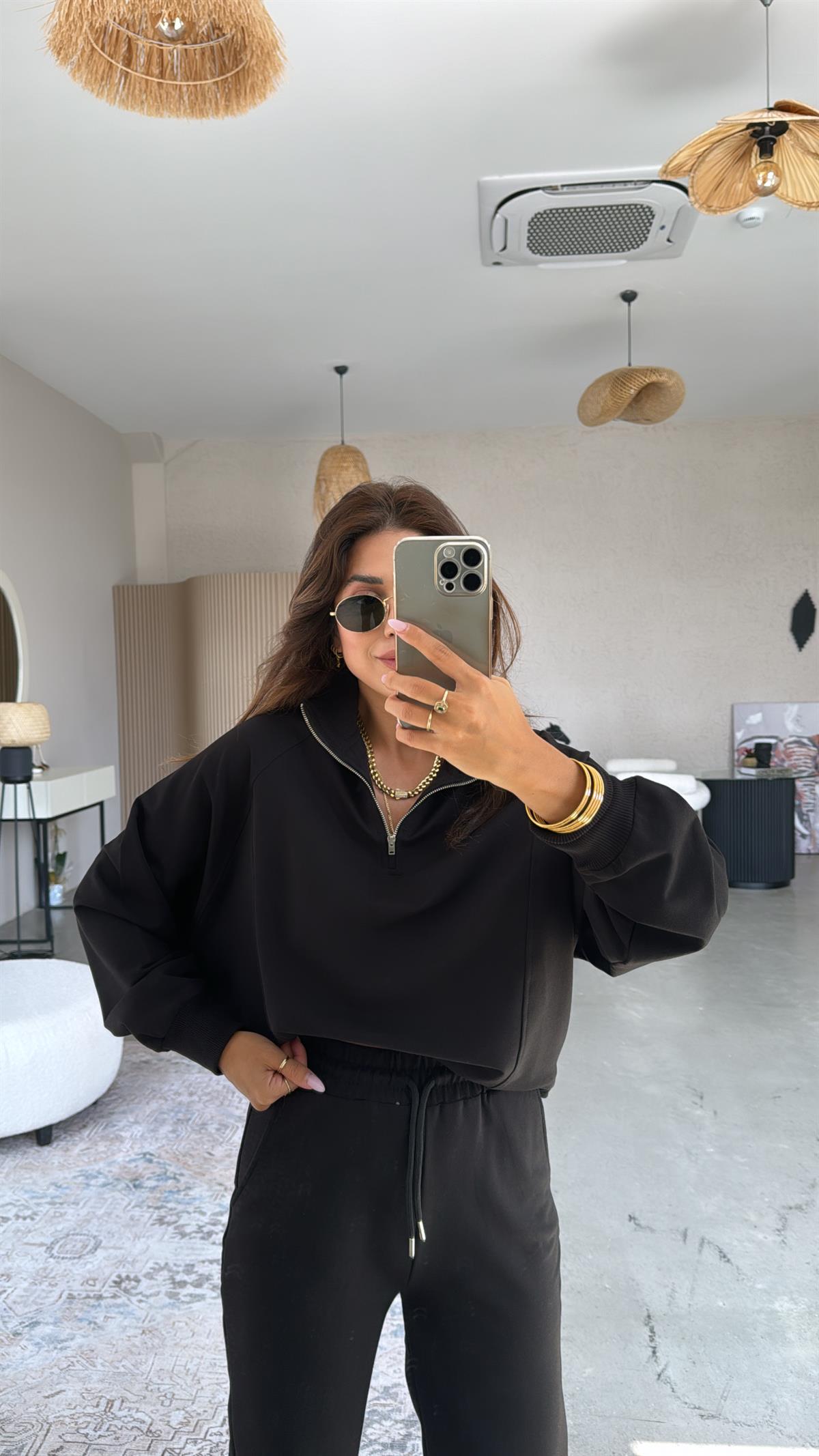 Siyah Fermuarlı İki İplik Sweatshirt