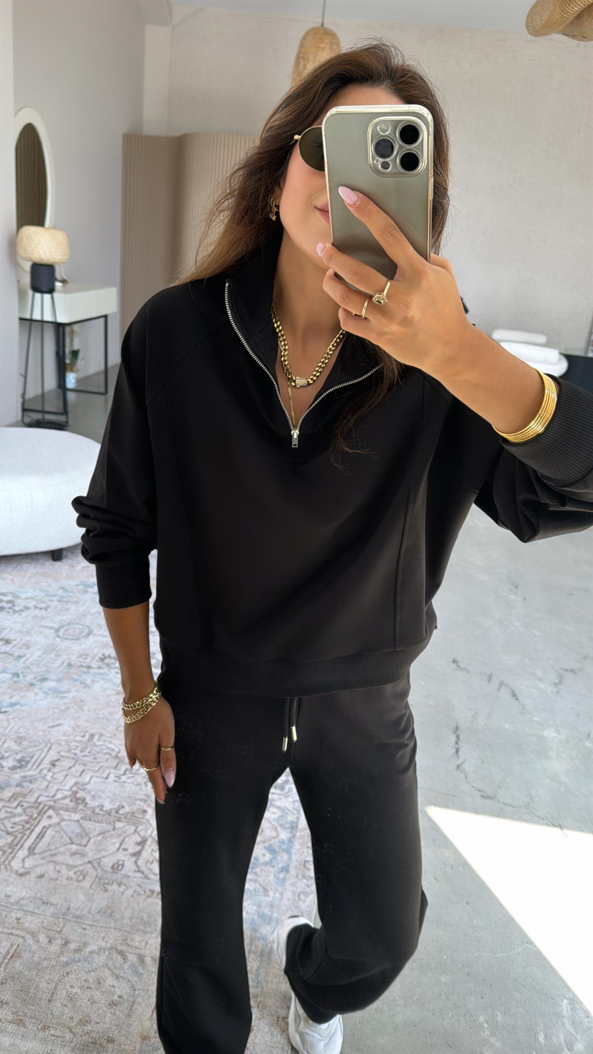 Siyah Fermuarlı İki İplik Sweatshirt