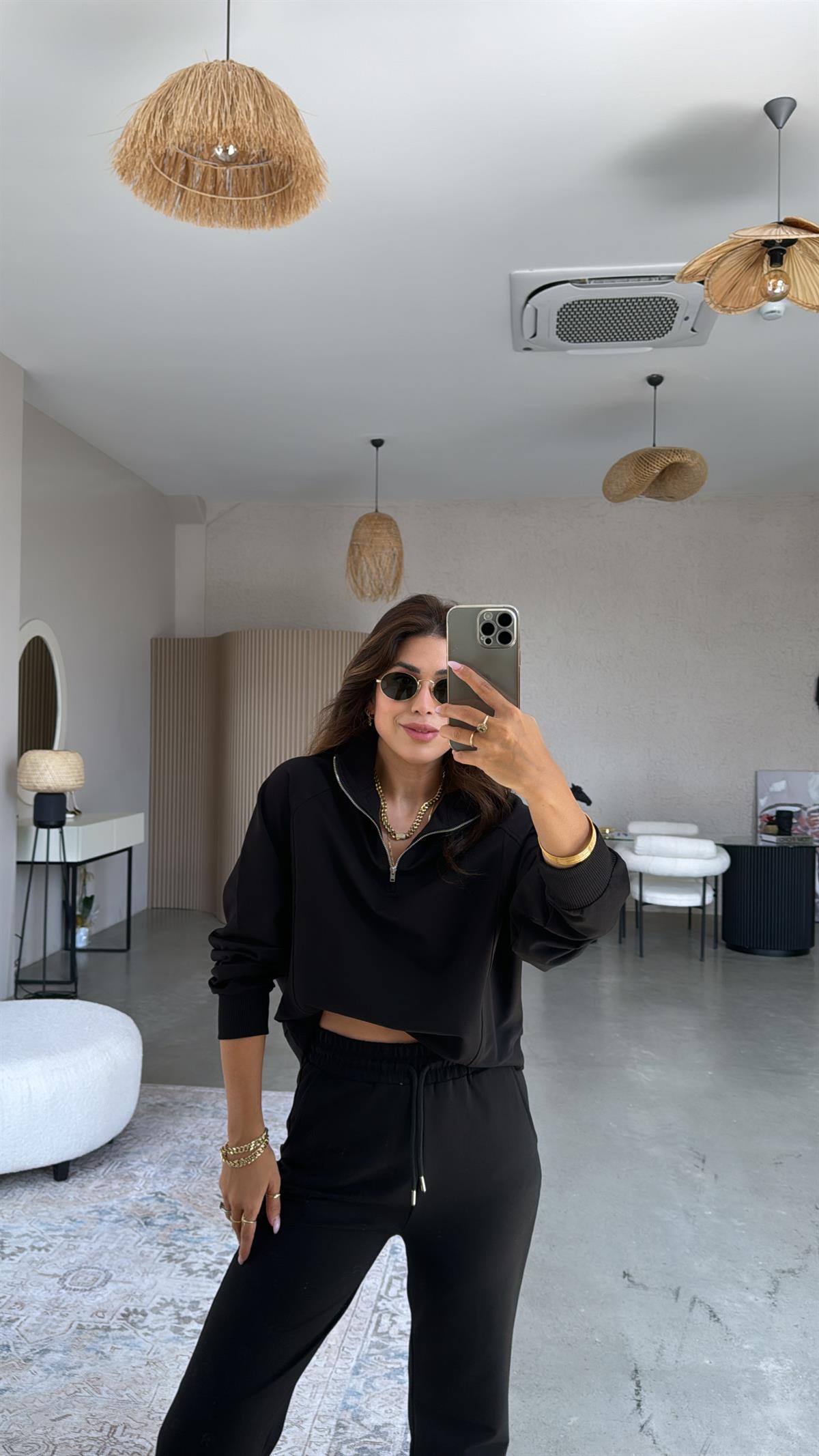 Siyah Fermuarlı İki İplik Sweatshirt