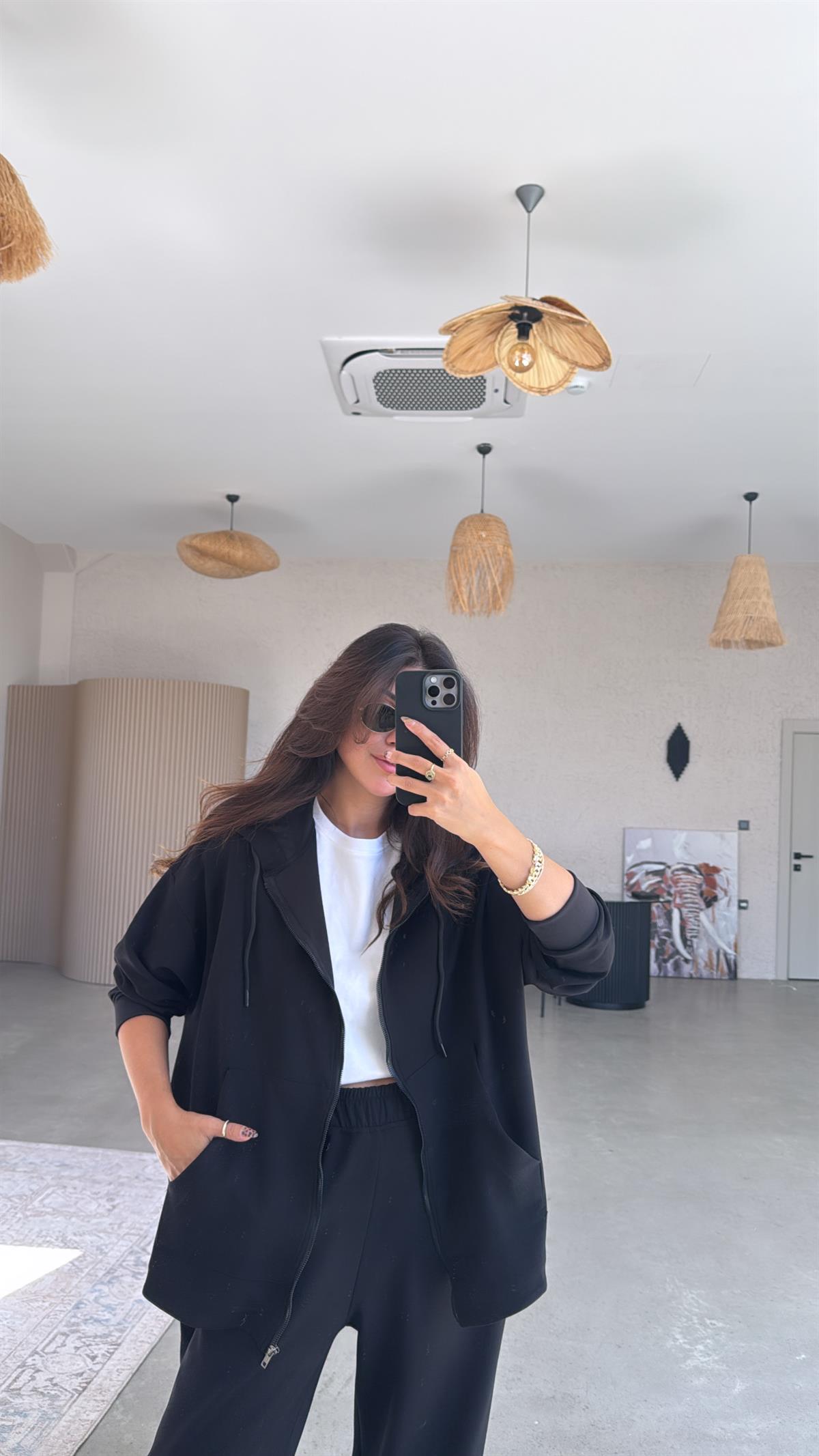 Siyah Fermuarlı Modal Hoodie