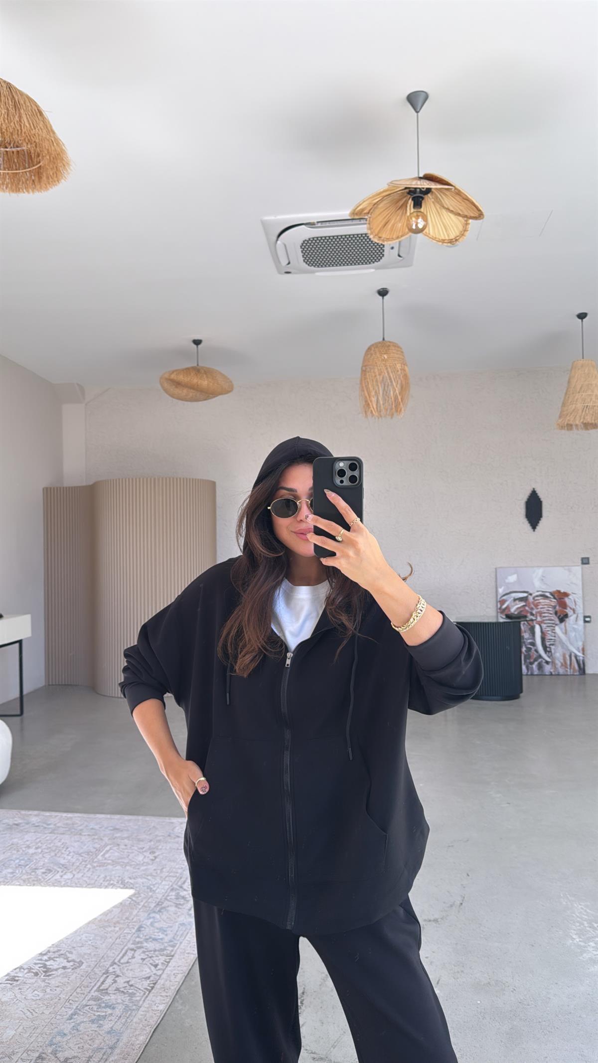 Siyah Fermuarlı Modal Hoodie