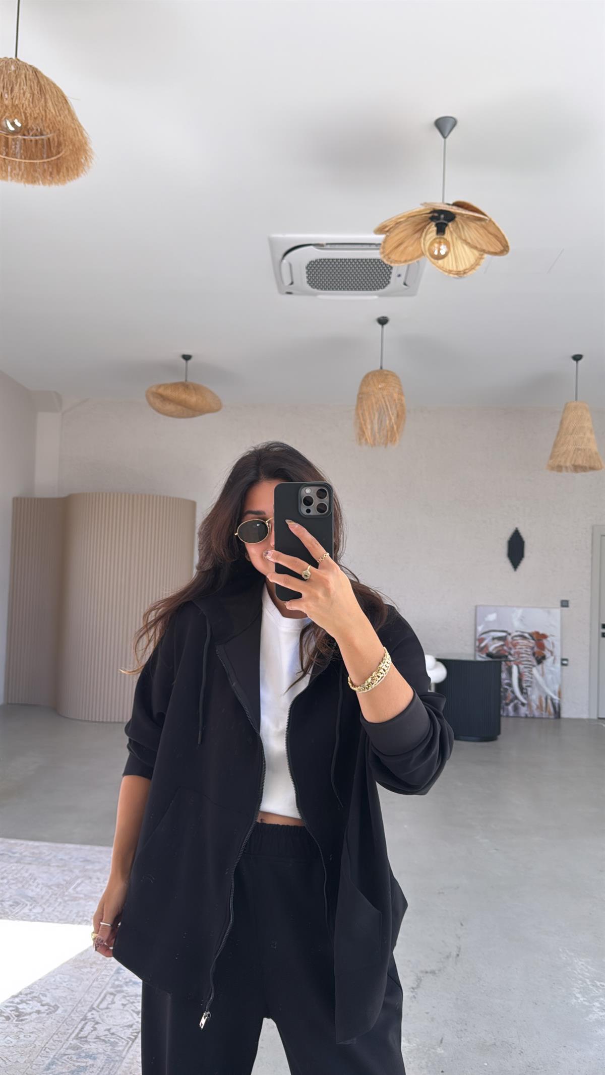 Siyah Fermuarlı Modal Hoodie