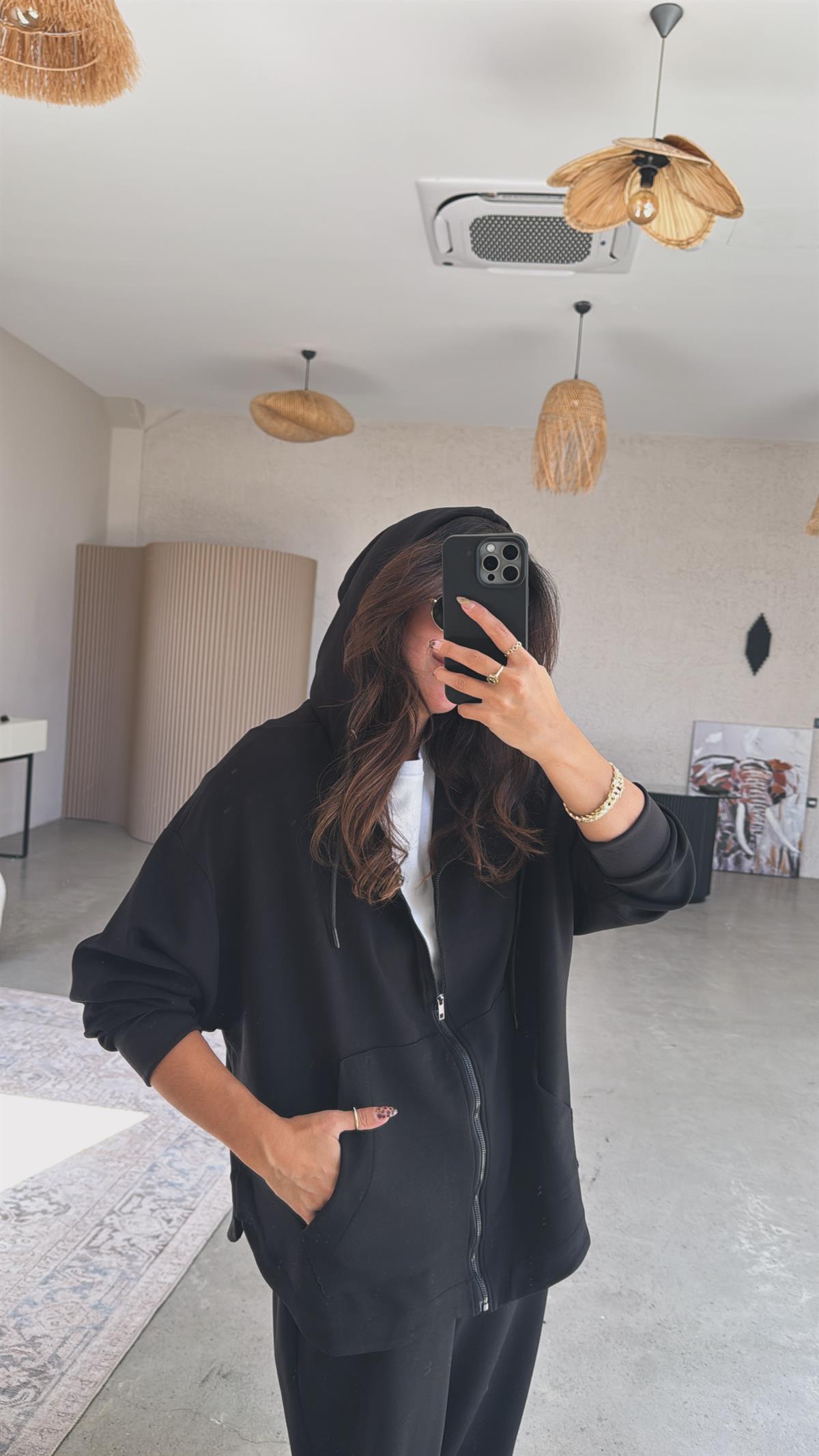 Siyah Fermuarlı Modal Hoodie