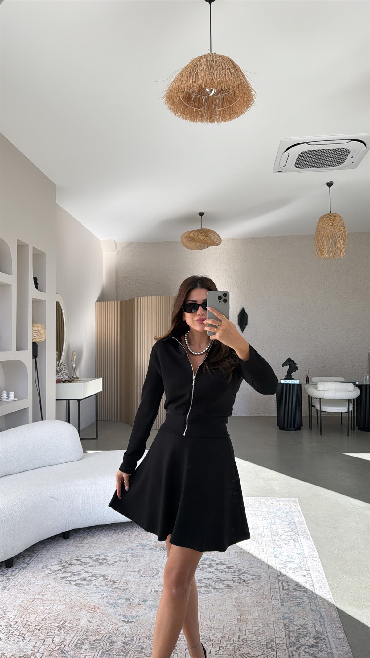 Siyah Fermuarlı Modal Mini Etekli Takım