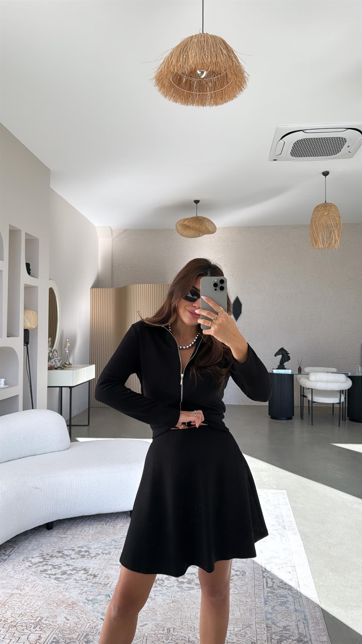 Siyah Fermuarlı Modal Mini Etekli Takım