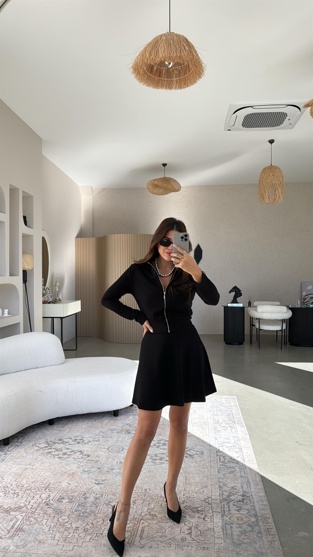 Siyah Fermuarlı Modal Mini Etekli Takım