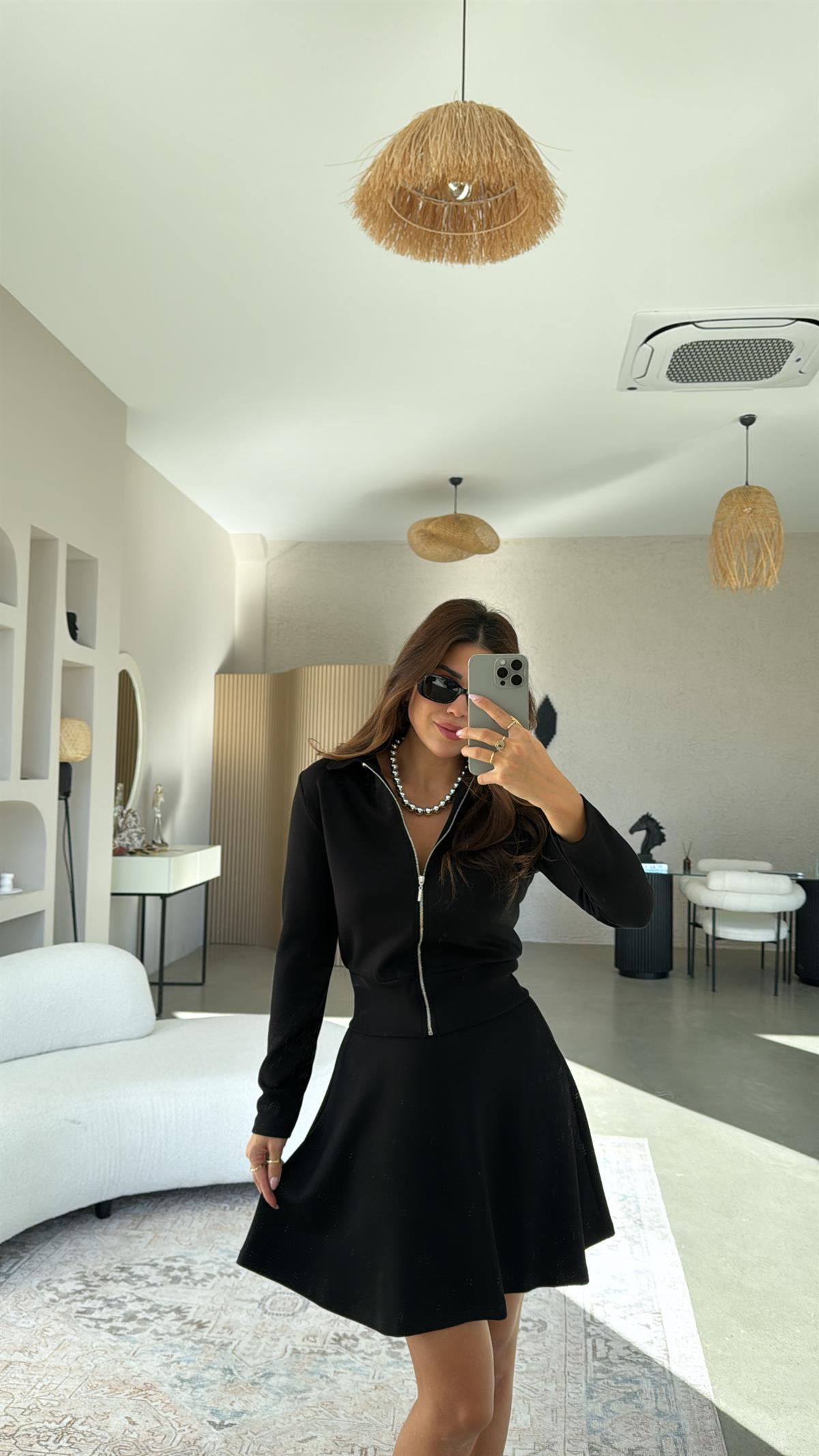 Siyah Fermuarlı Modal Mini Etekli Takım
