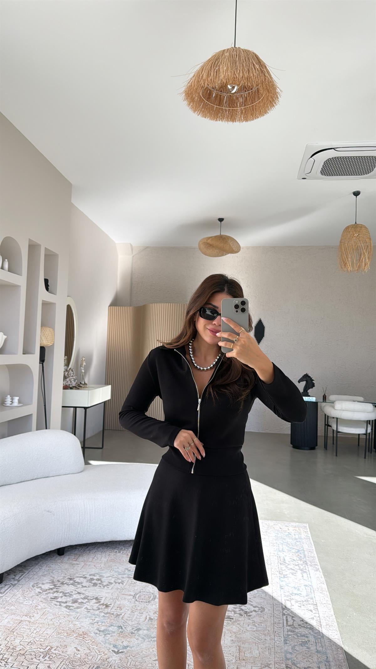 Siyah Fermuarlı Modal Mini Etekli Takım