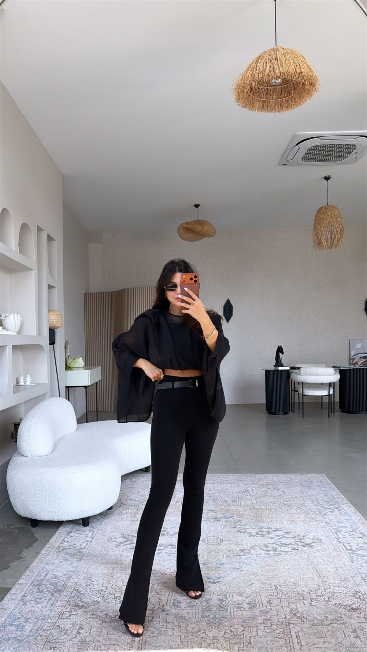 Siyah Full Toparlayıcı Kemerli Paça Yırtmaçlı Dlv Tayt Pantolon