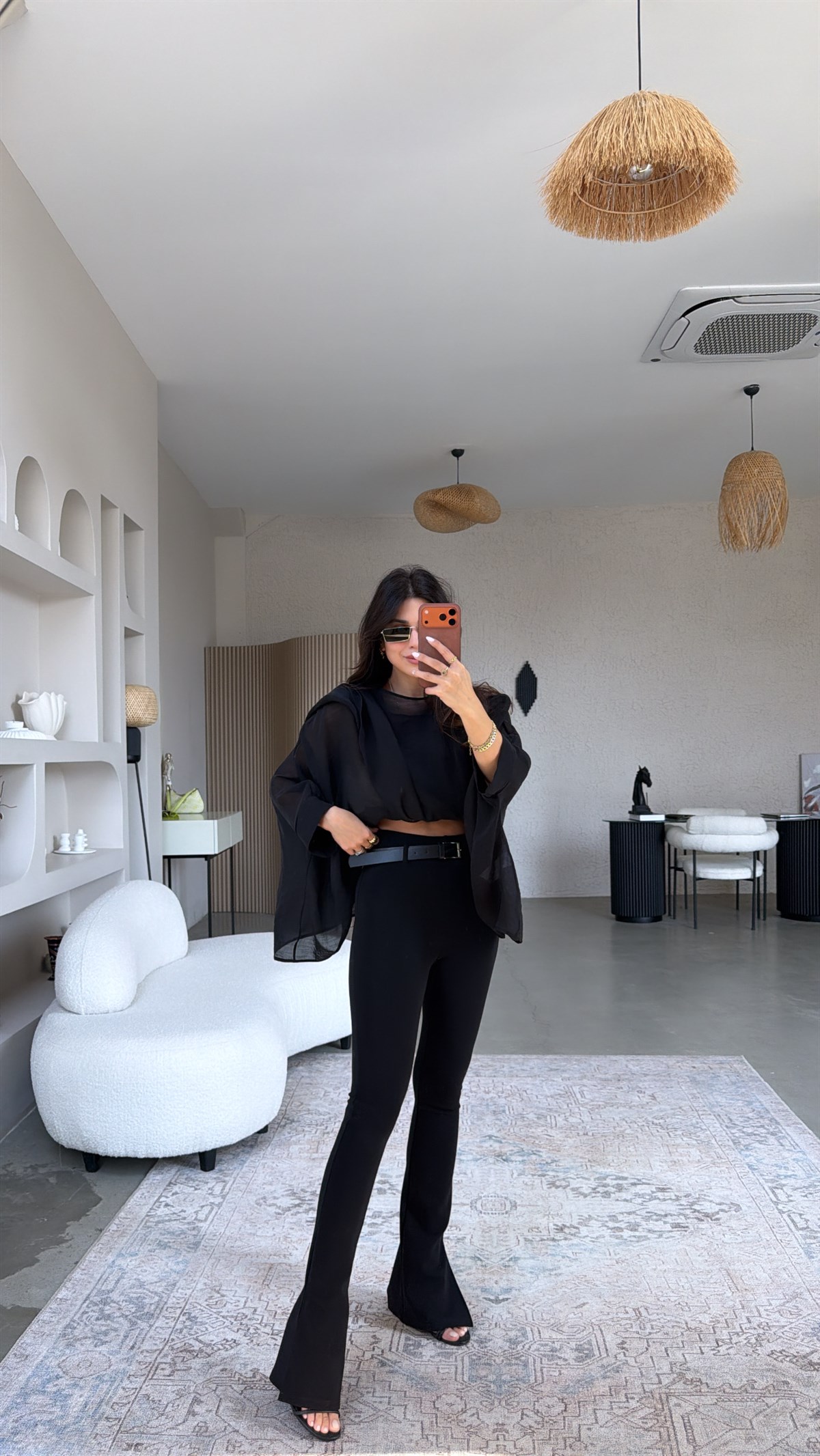 Siyah Full Toparlayıcı Kemerli Paça Yırtmaçlı Dlv Tayt Pantolon