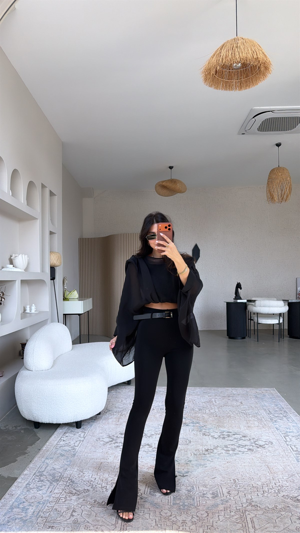 Siyah Full Toparlayıcı Kemerli Paça Yırtmaçlı Dlv Tayt Pantolon