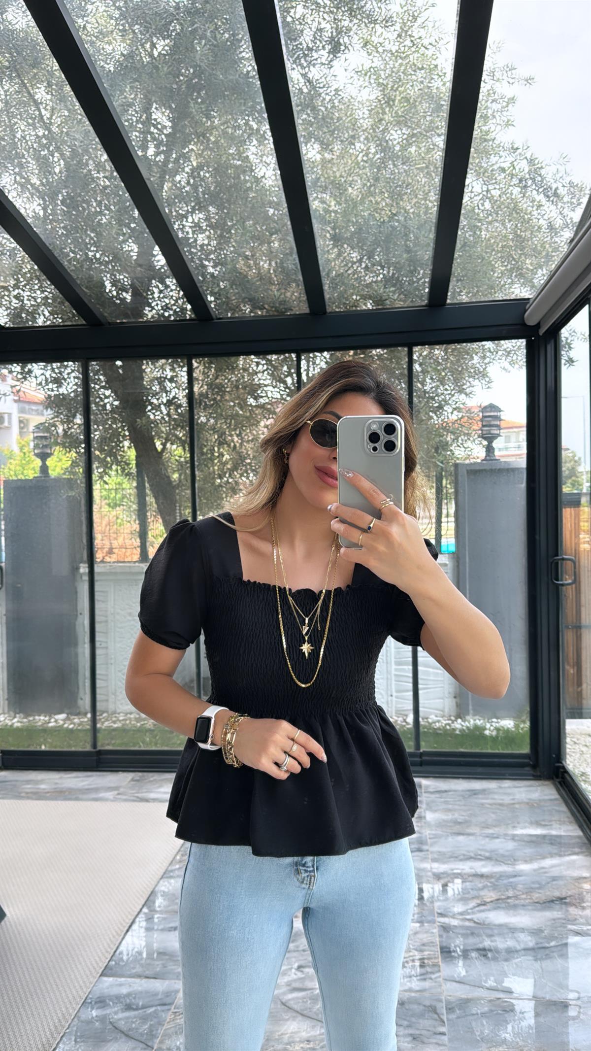 Siyah Gipeli İpek Bluz