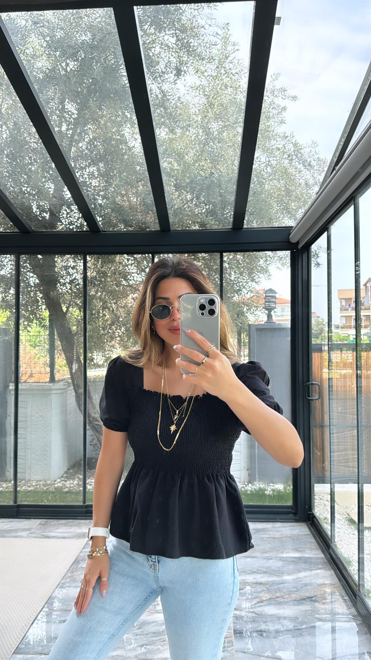 Siyah Gipeli İpek Bluz