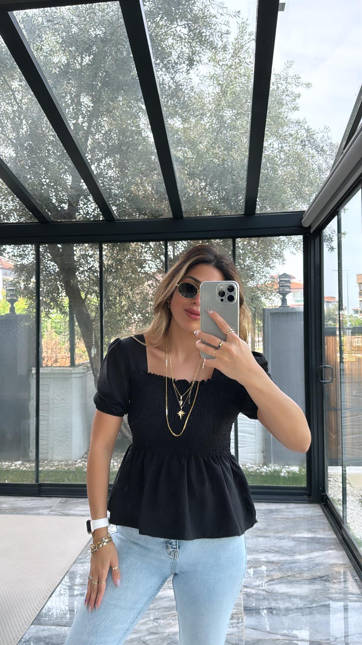 Siyah Gipeli İpek Bluz