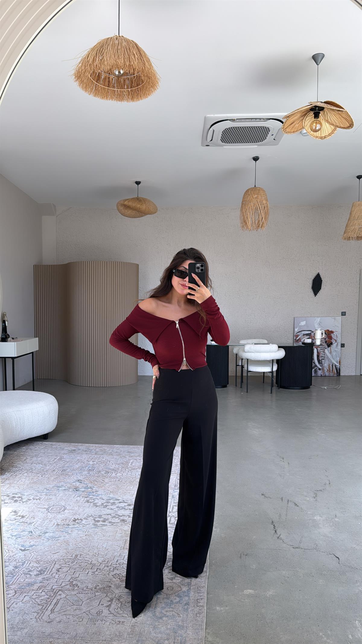 Siyah Gizli Kemer Palazzo Kumaş Pantolon