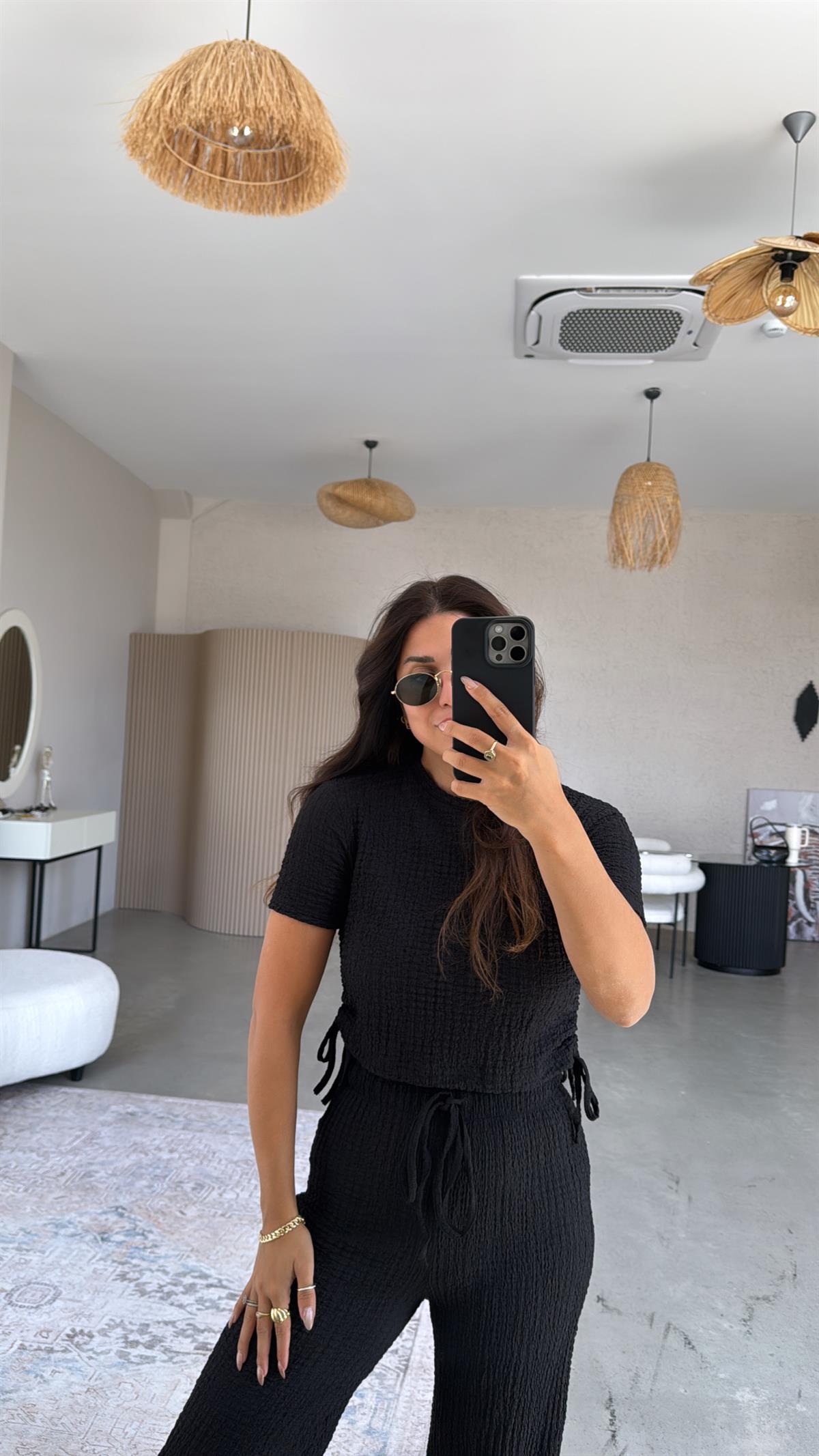 Siyah Gofre Büzgülü Croplu Takım