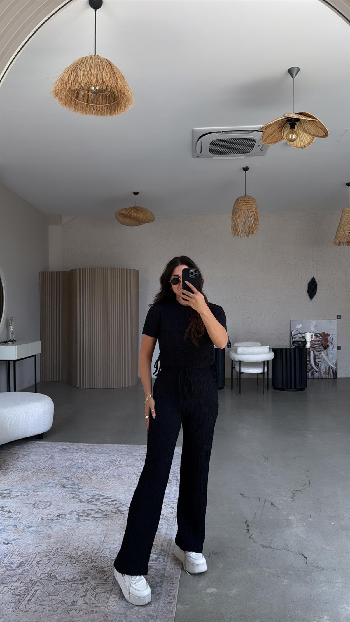 Siyah Gofre Büzgülü Croplu Takım