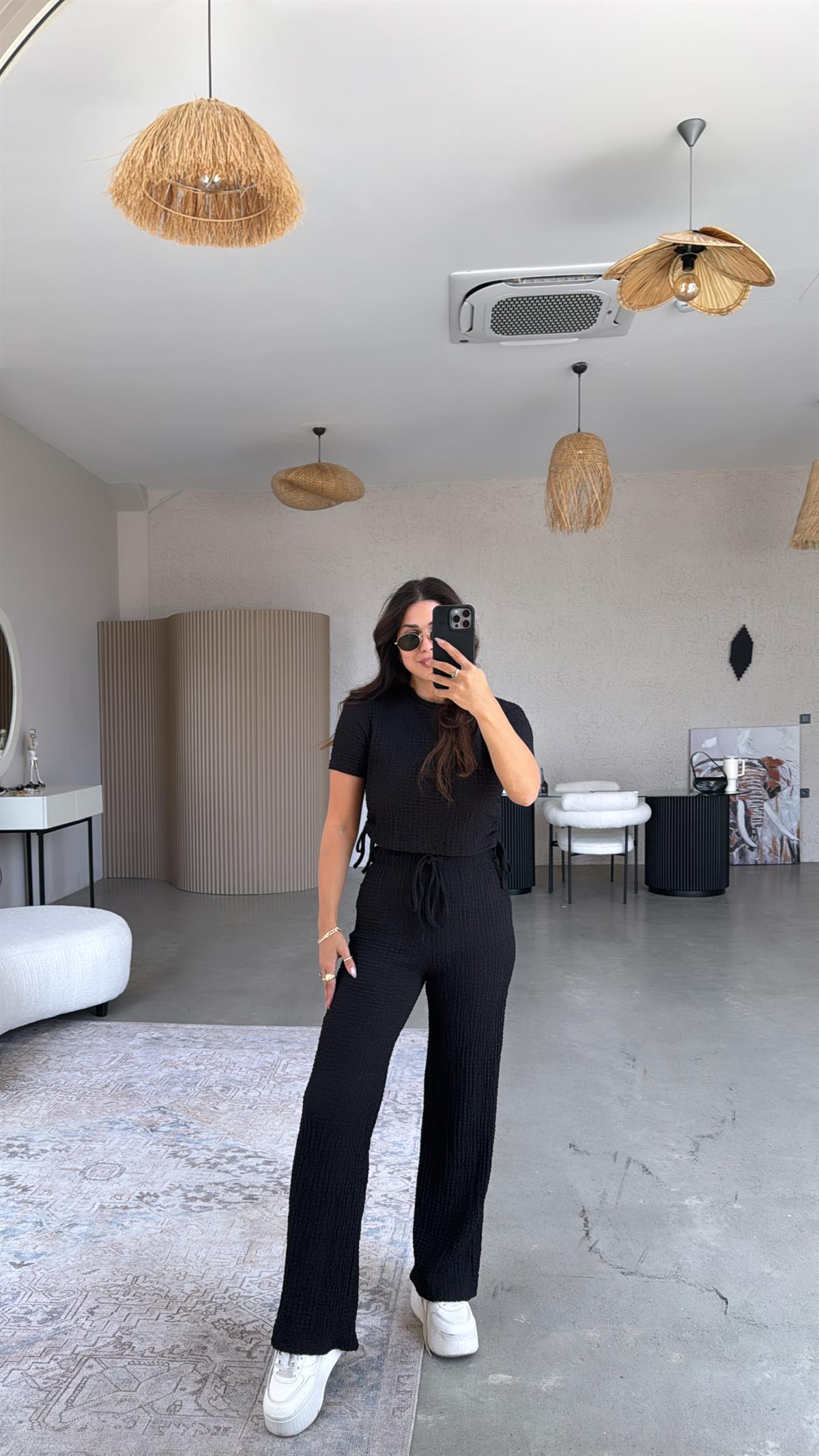 Siyah Gofre Büzgülü Croplu Takım