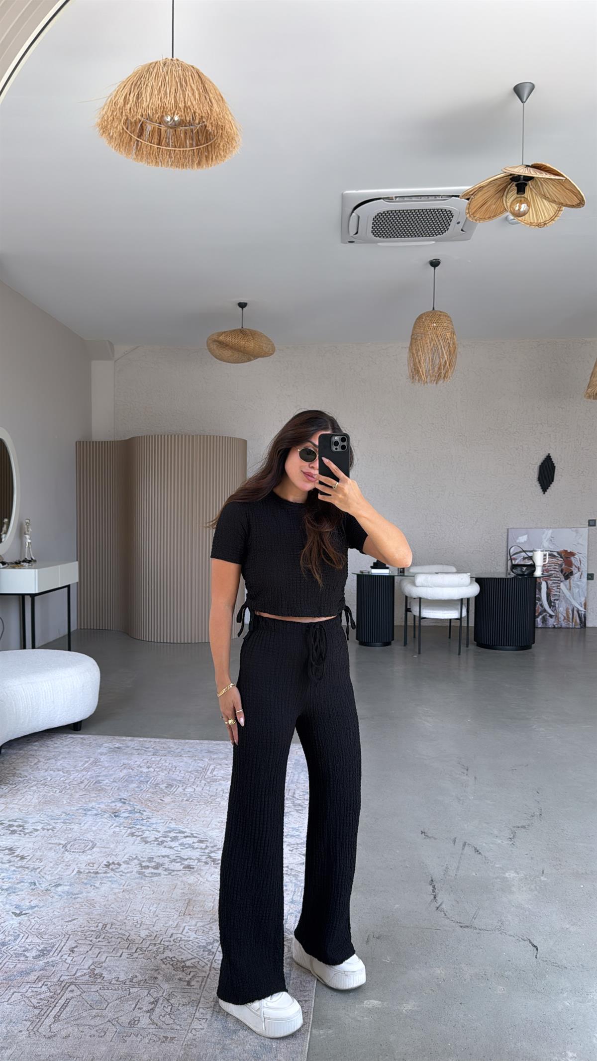 Siyah Gofre Büzgülü Croplu Takım