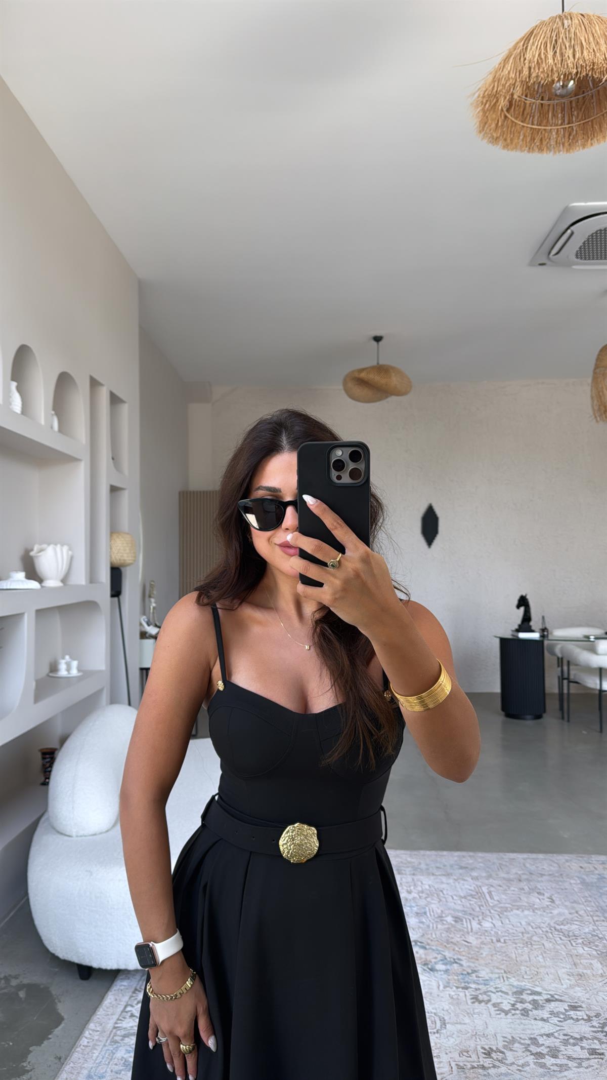 Siyah Gold Aksesuarlı Kuplu Maxi Elbise