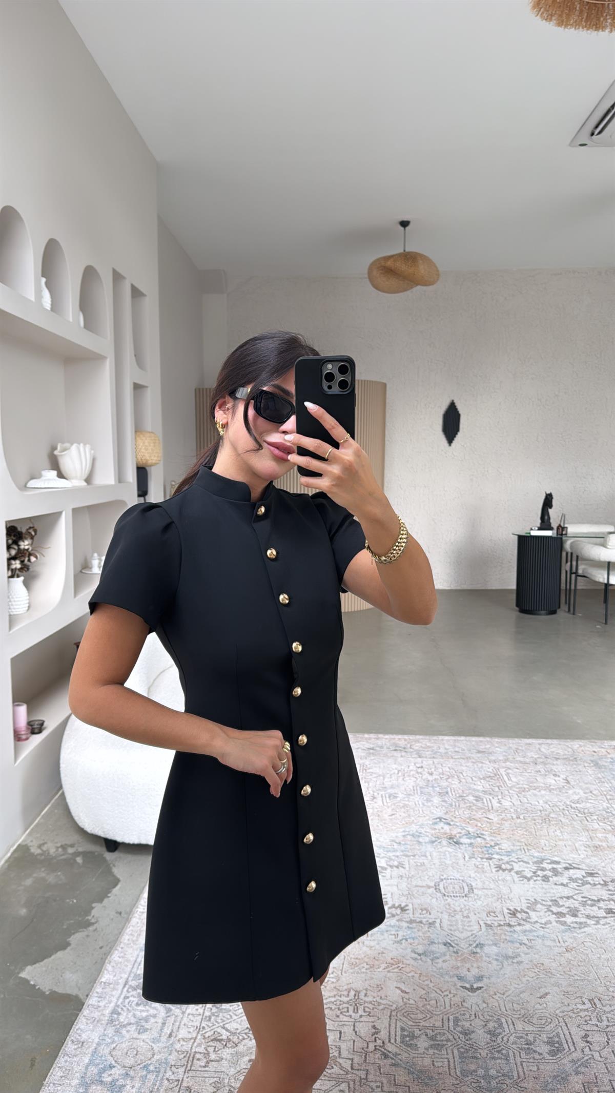 Siyah Gold Detaylı Tok Kumaş Premium Kalıp Elbise