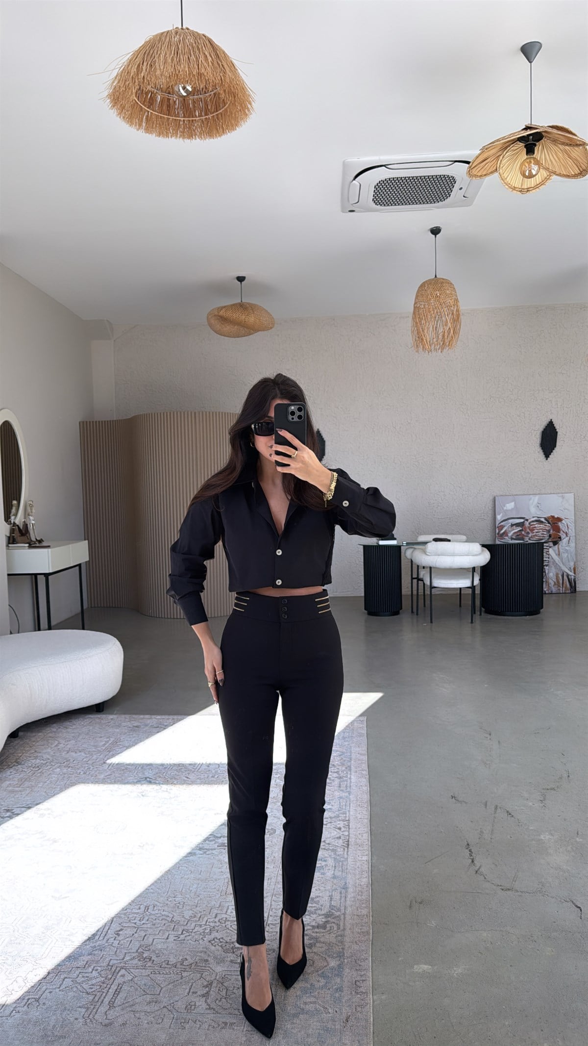 Siyah Gold Fermuar Detaylı Premium Cigarette Kumaş Pantolon