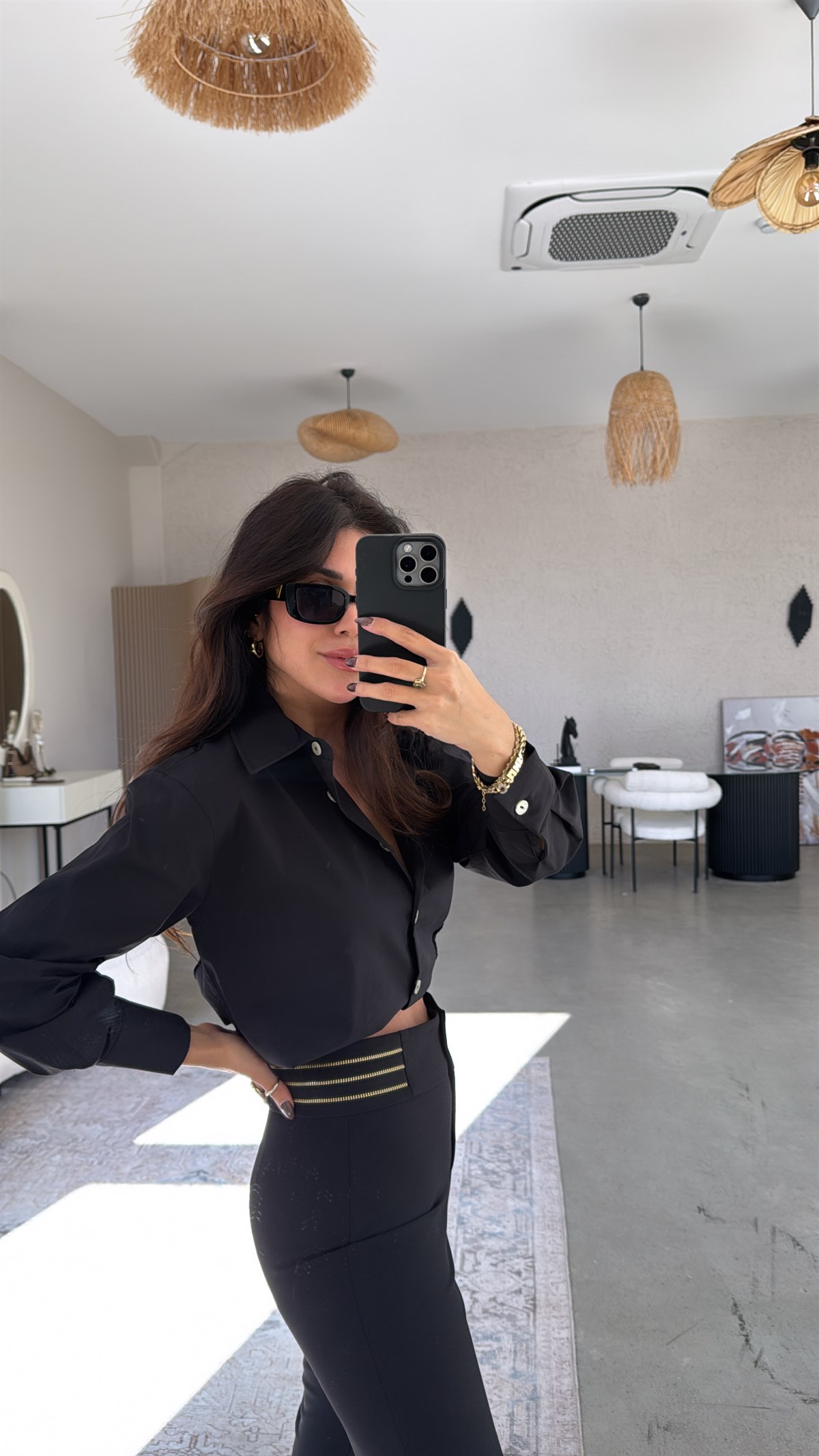 Siyah Gold Fermuar Detaylı Premium Cigarette Kumaş Pantolon