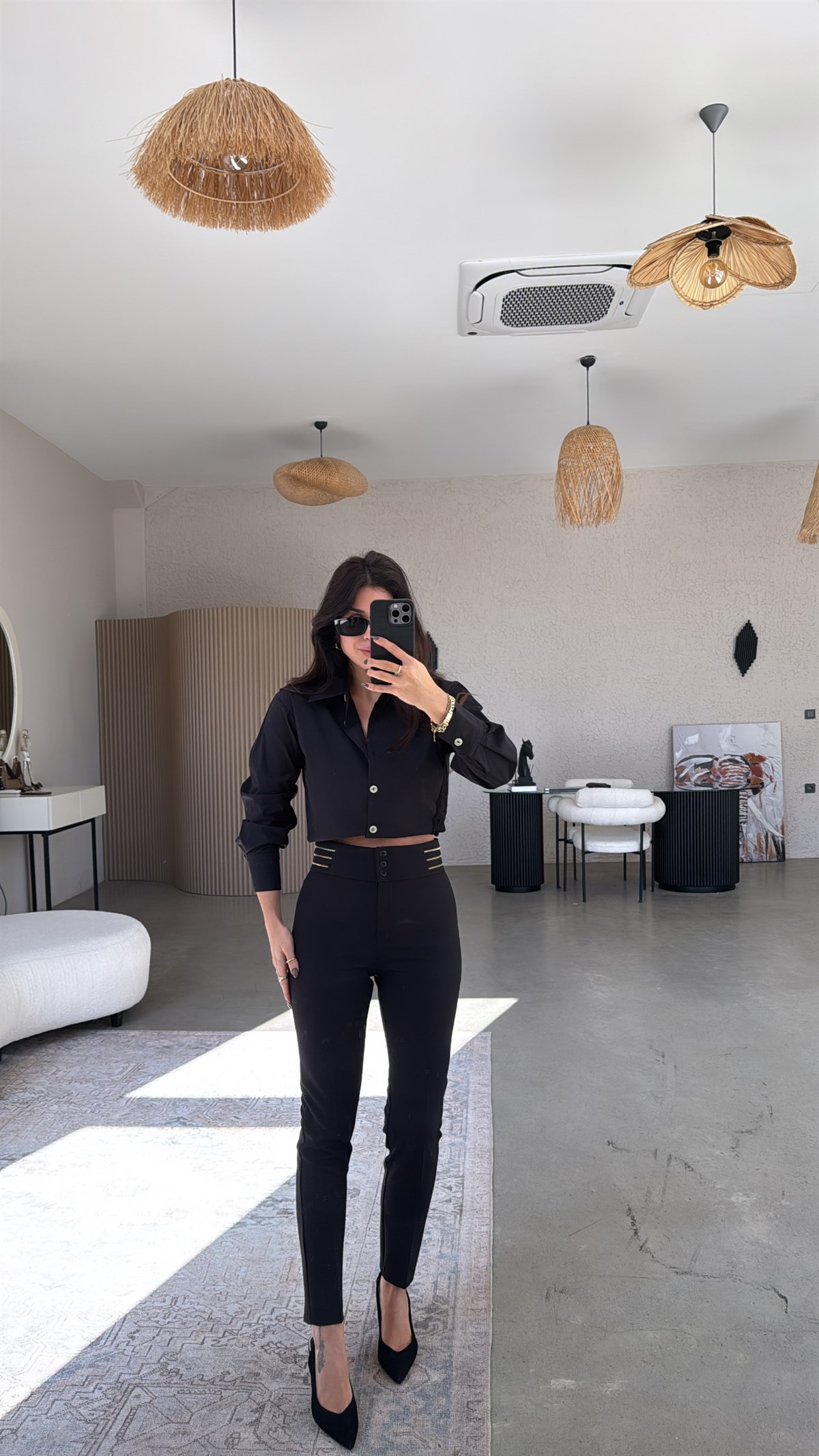 Siyah Gold Fermuar Detaylı Premium Cigarette Kumaş Pantolon