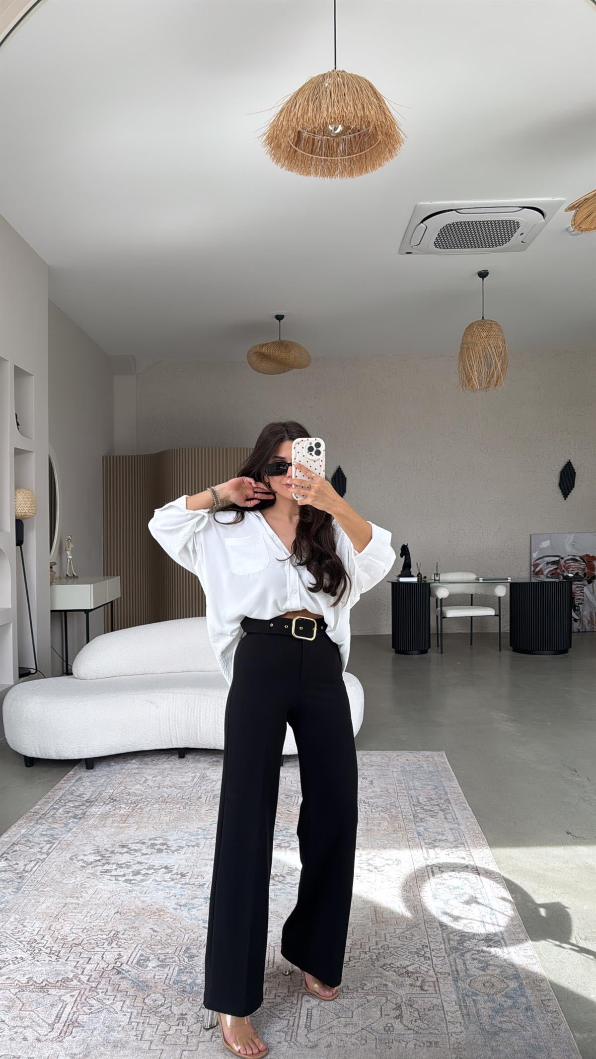 Siyah Gold Kemerli Palazzo Pantolon