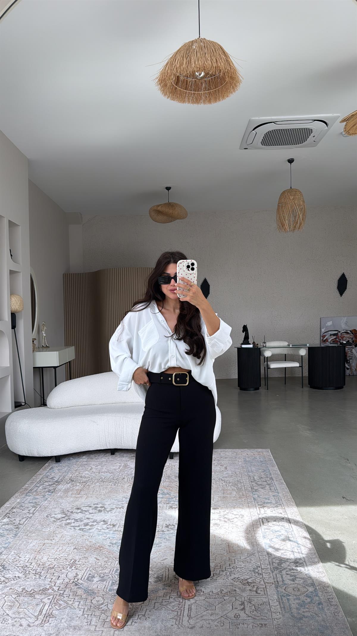 Siyah Gold Kemerli Palazzo Pantolon