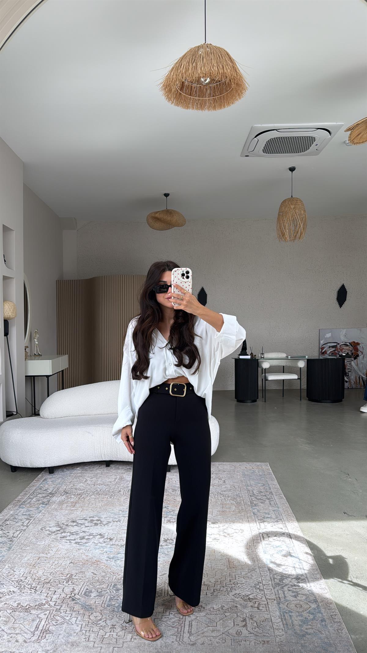 Siyah Gold Kemerli Palazzo Pantolon