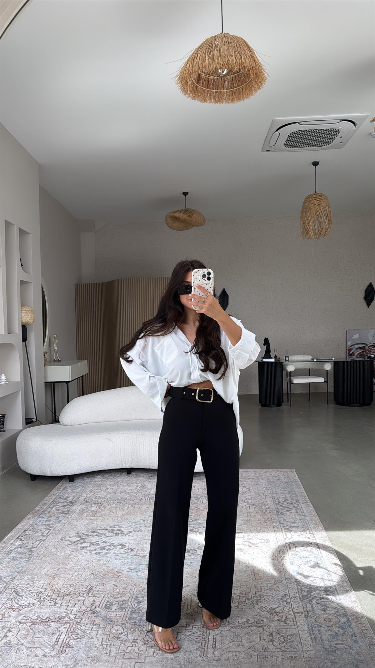 Siyah Gold Kemerli Palazzo Pantolon