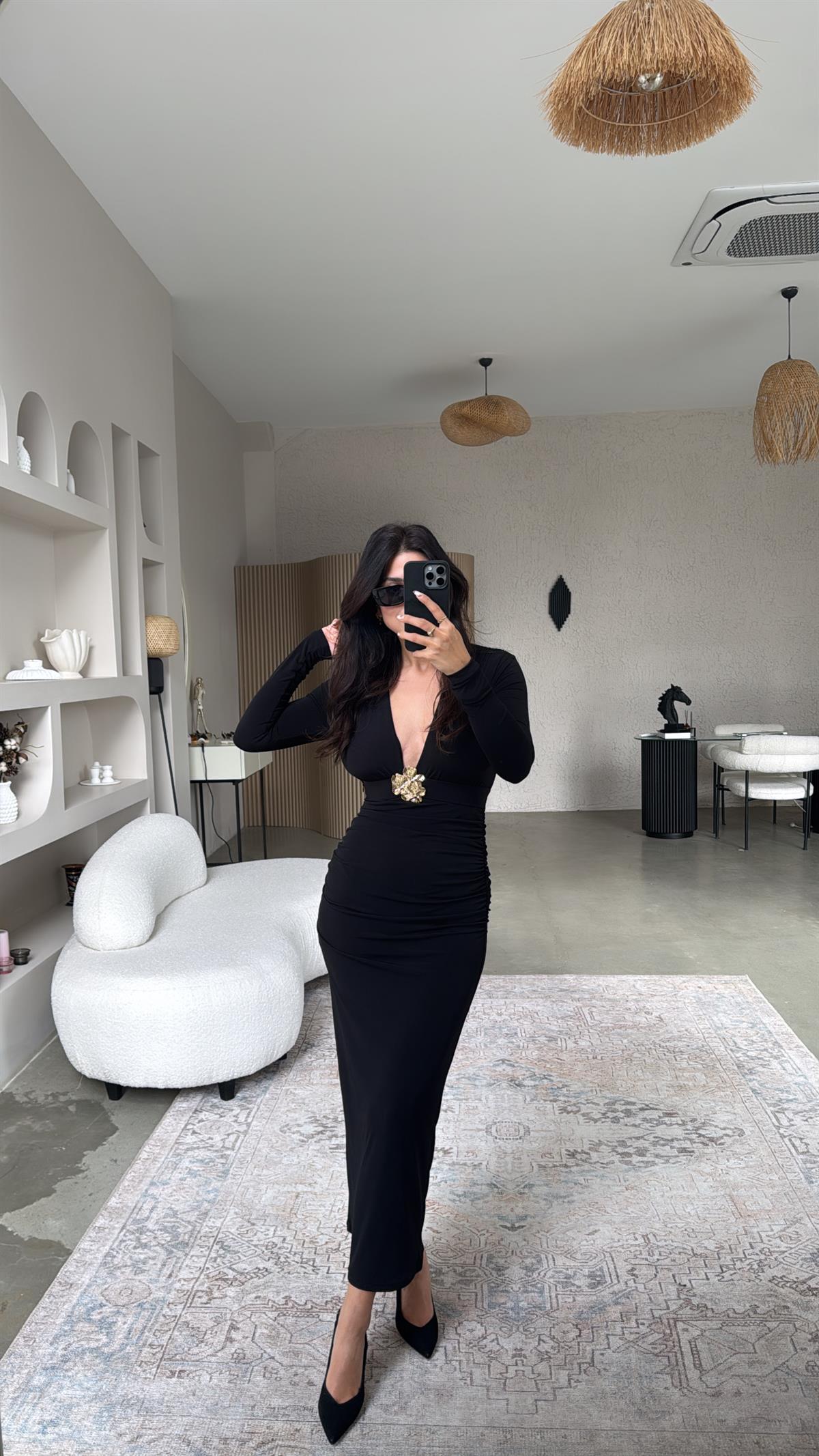 Siyah Gold Tokalı Sandy Elbise