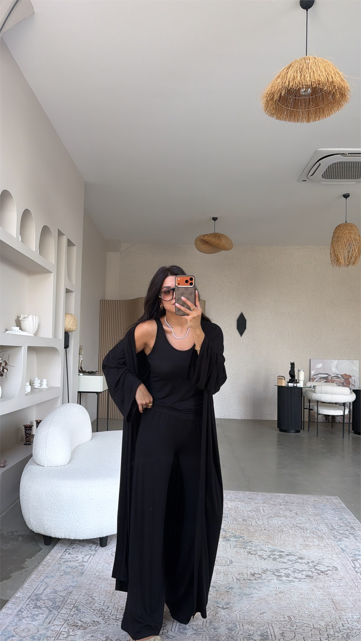Siyah İnce Modal Üçlü Kimono Atlet Pantolon Takım