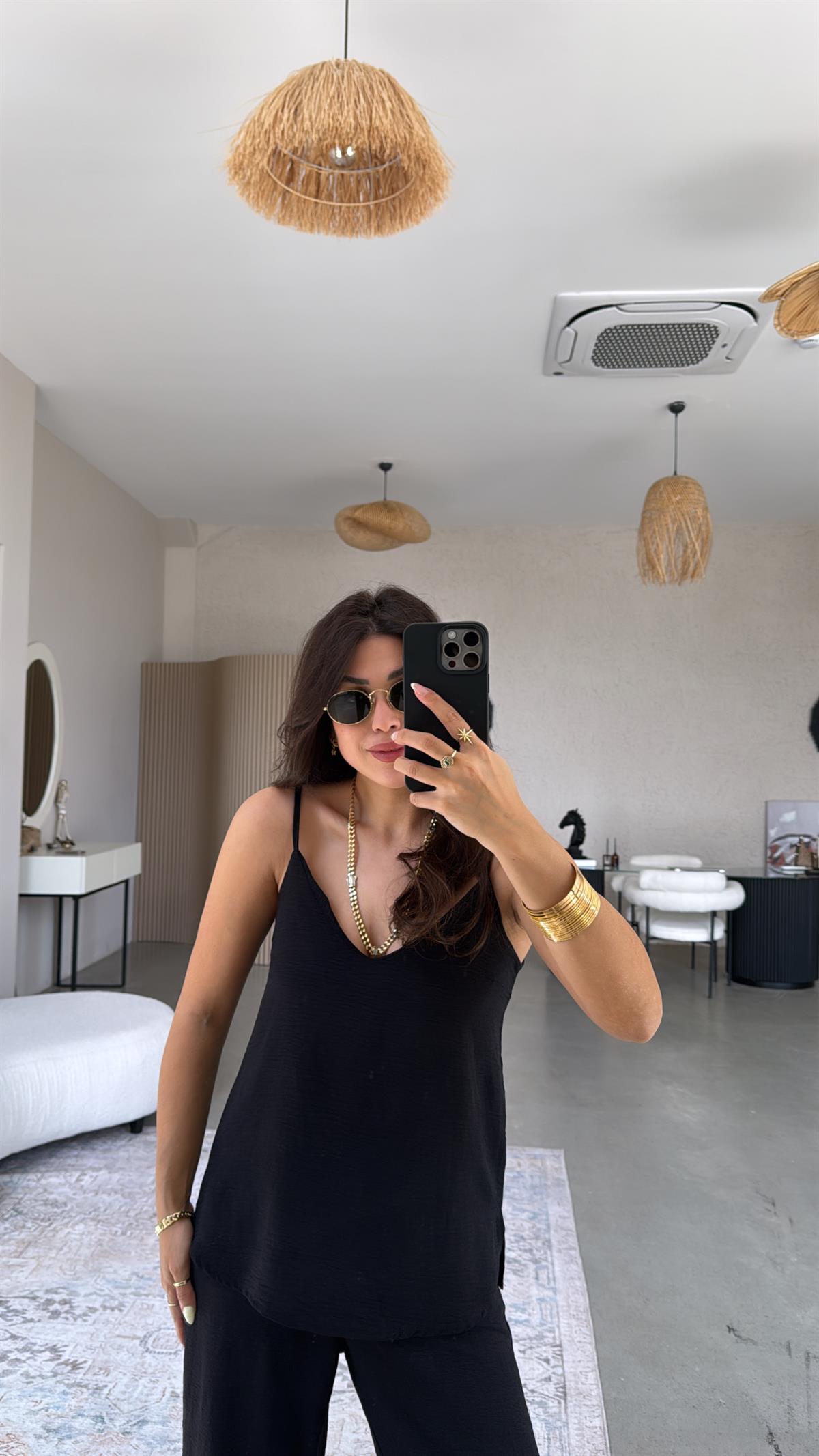 Siyah İp Askılı Basic Tiril Takım