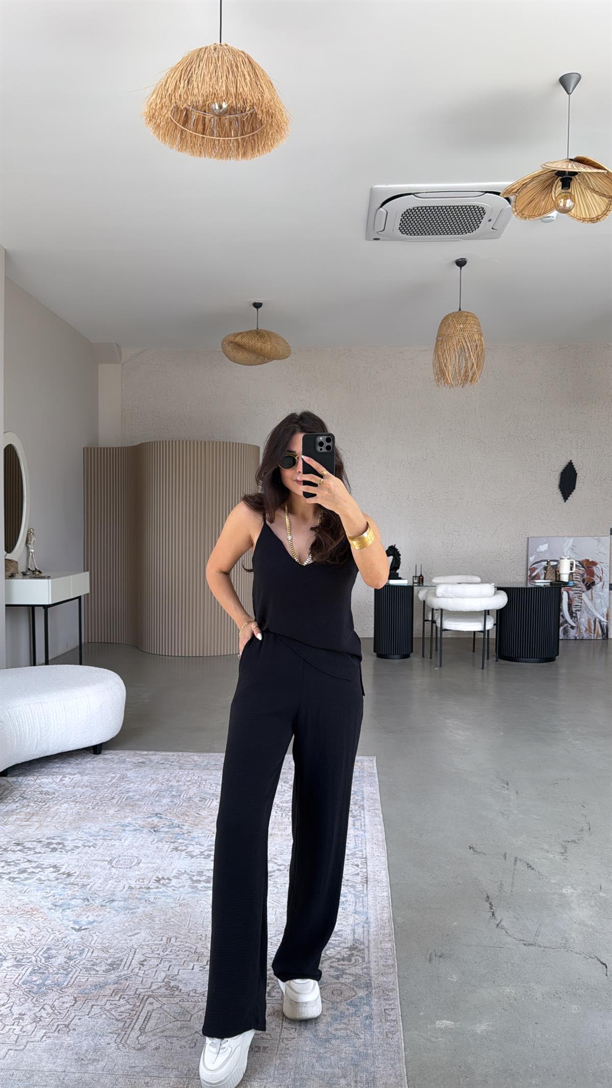 Siyah İp Askılı Basic Tiril Takım